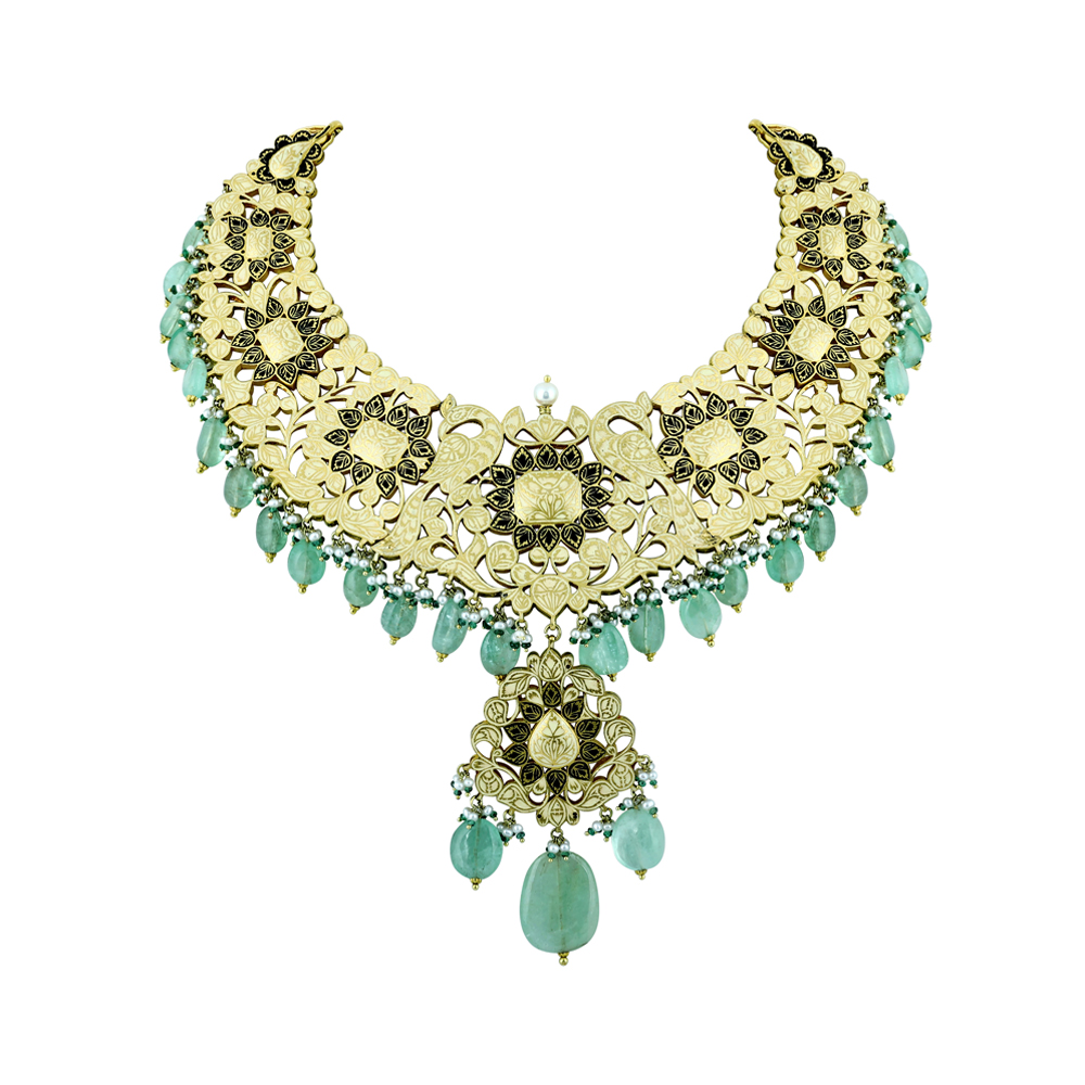 Polki Necklace Set with Gold Detailing and Emerald Drops