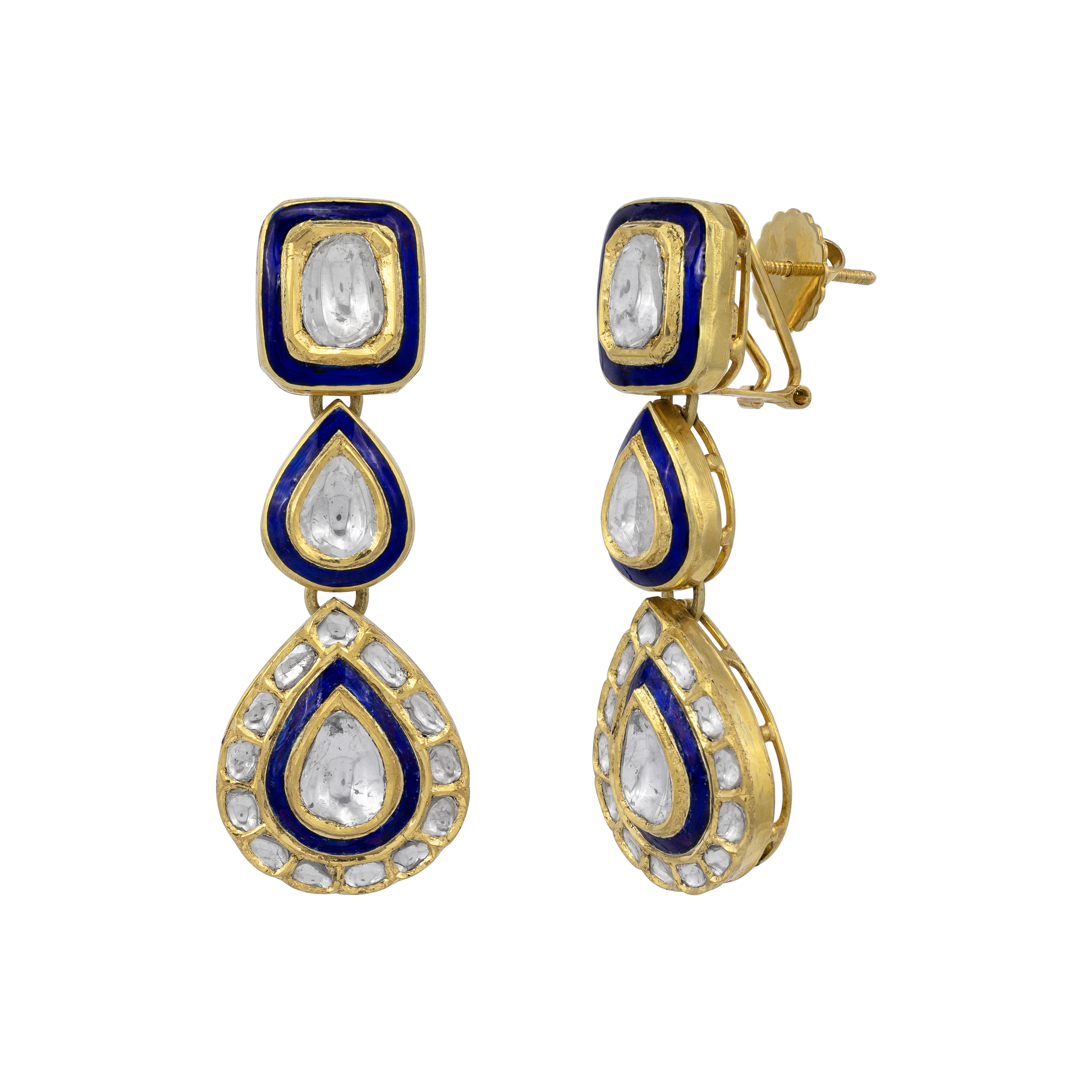 Three-Drop Polki Earrings with Enamel Detailing