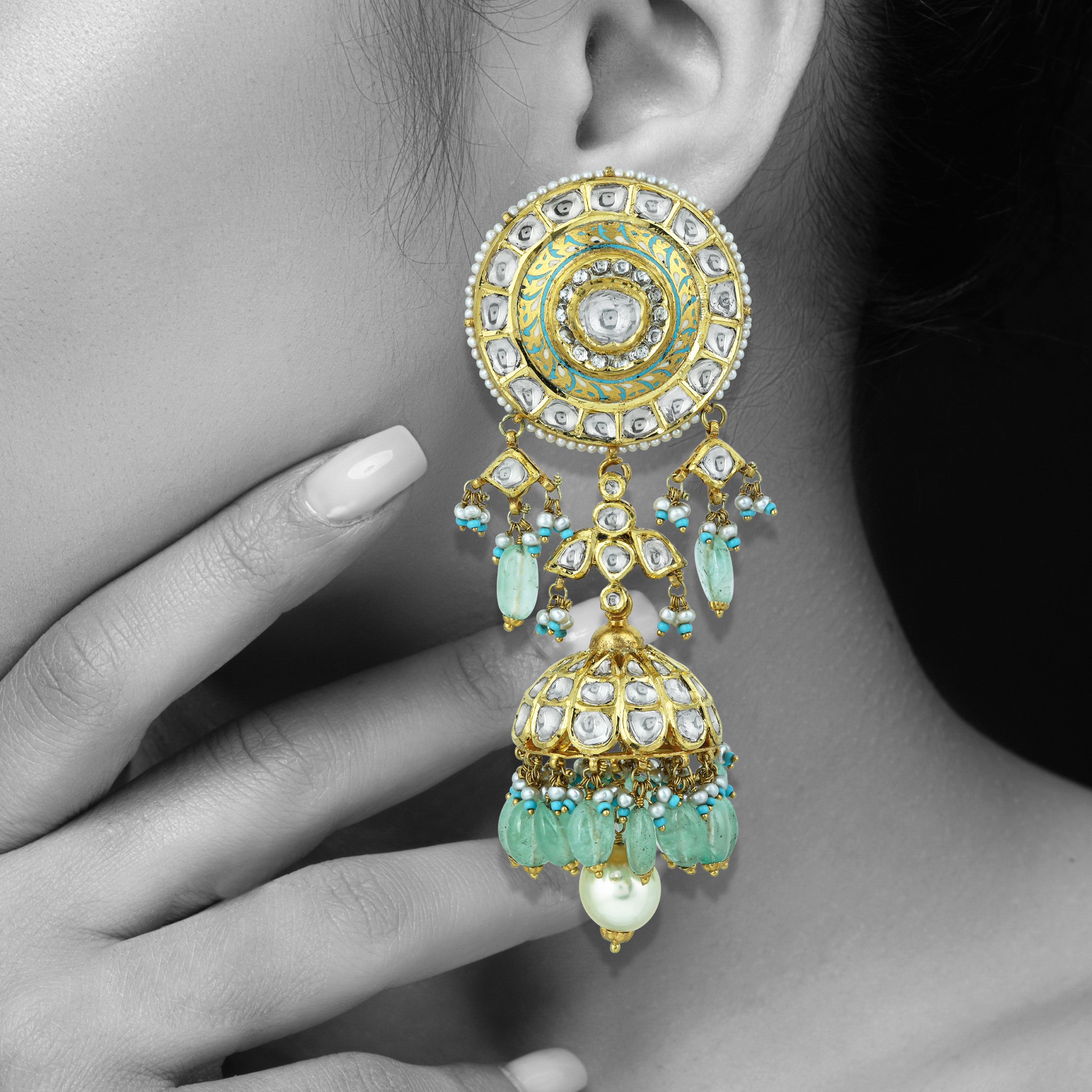 Meenakari Polki Necklace Set with Mint Green Drops and Pearls