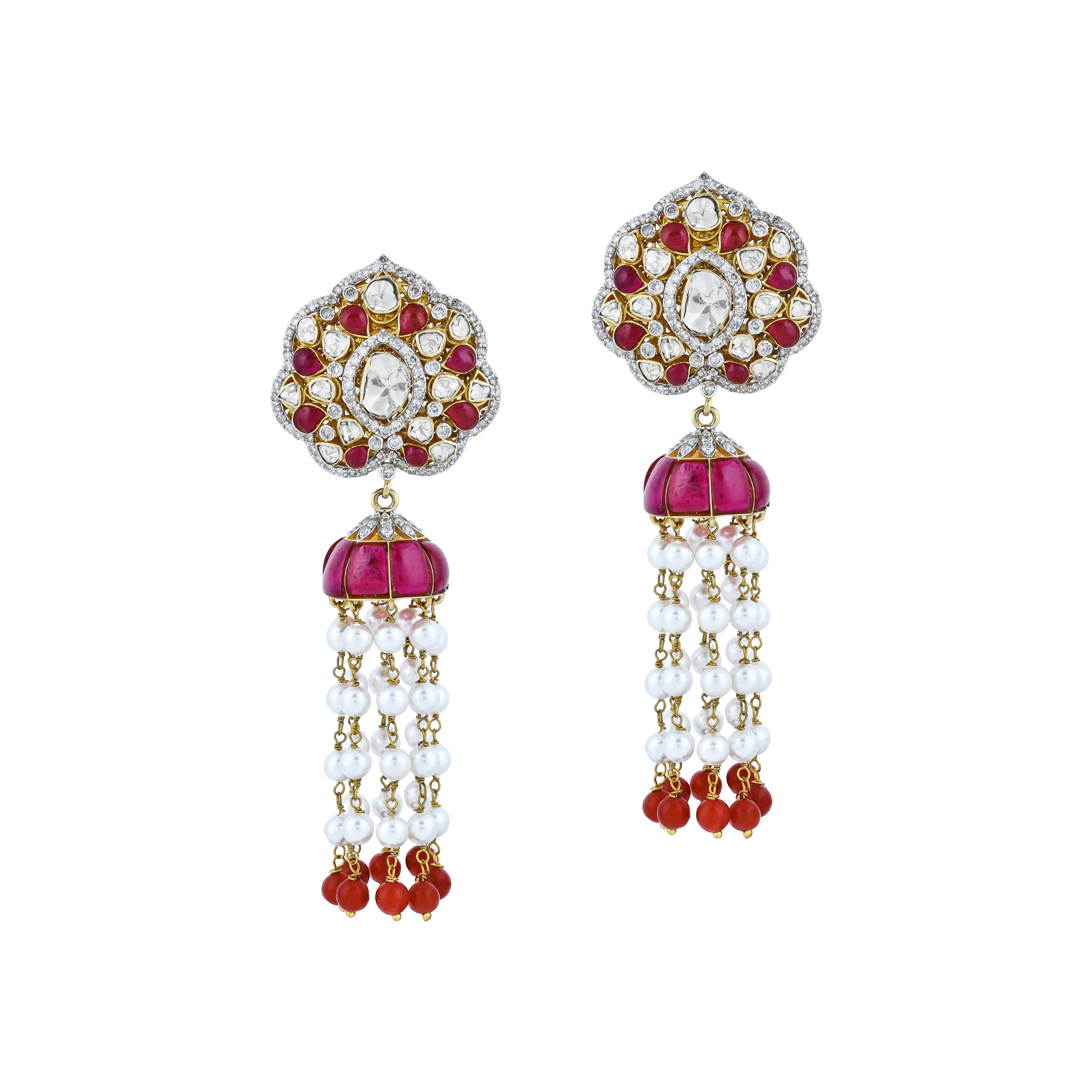 Floral Polki Earrings with Red Talaf, Pearls, and Red Beads