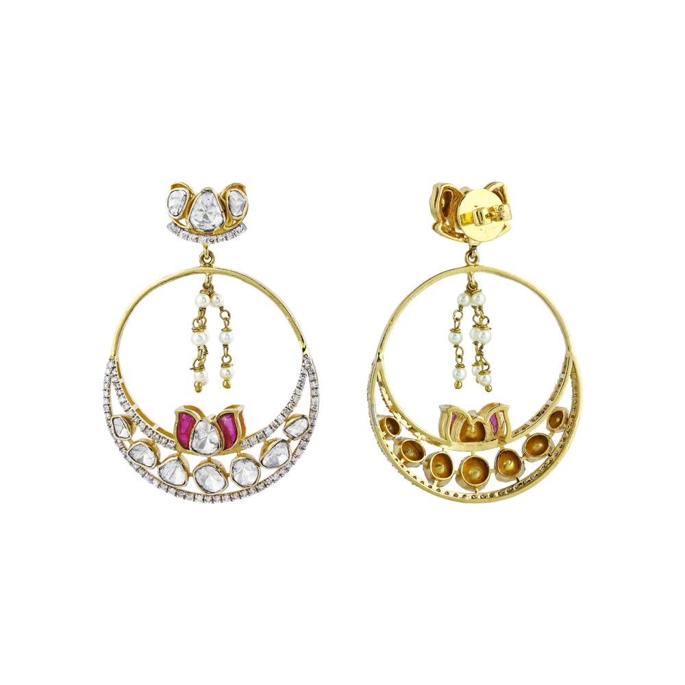 Floral Chandbali Earrings with Uncut Diamonds and Pearl Drops