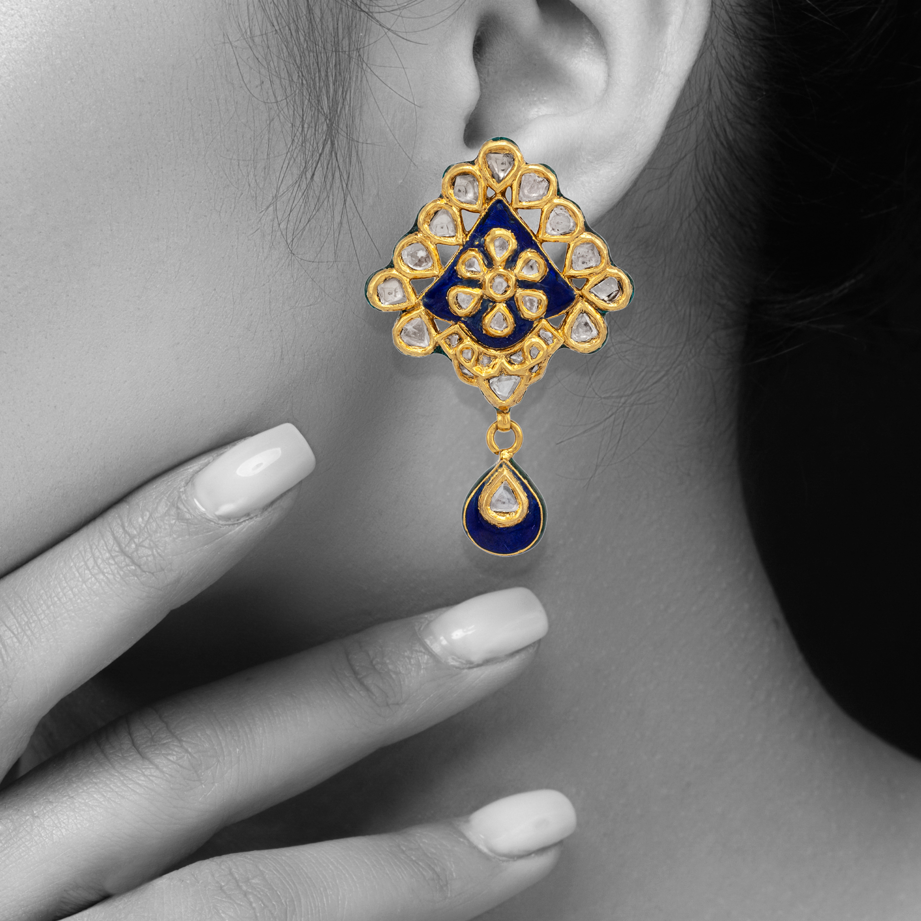 Blue Enamel Polki Drop Earring with Floral Jadau