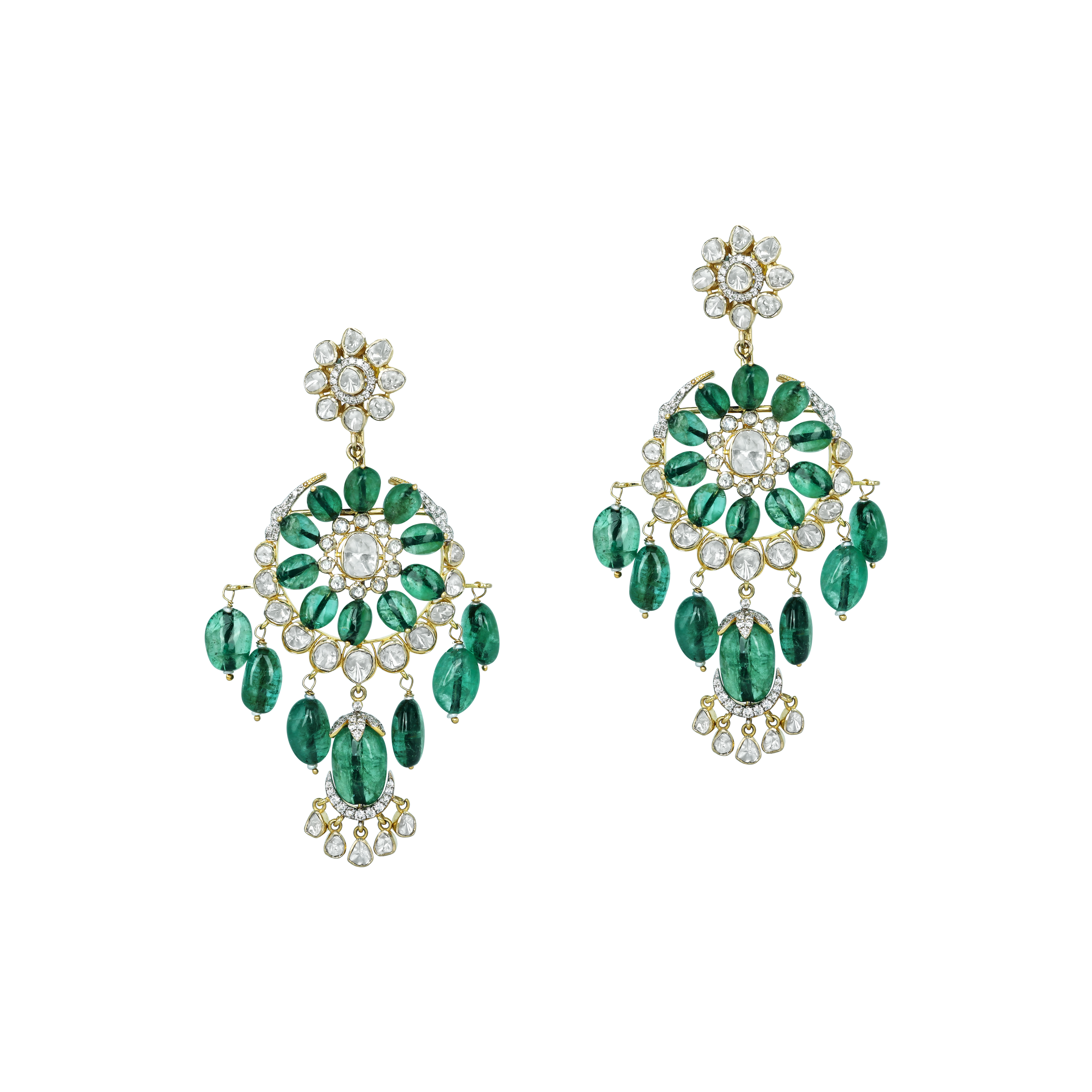 Chandelier Polki Earrings with Emerald Tumble and Floral Motif