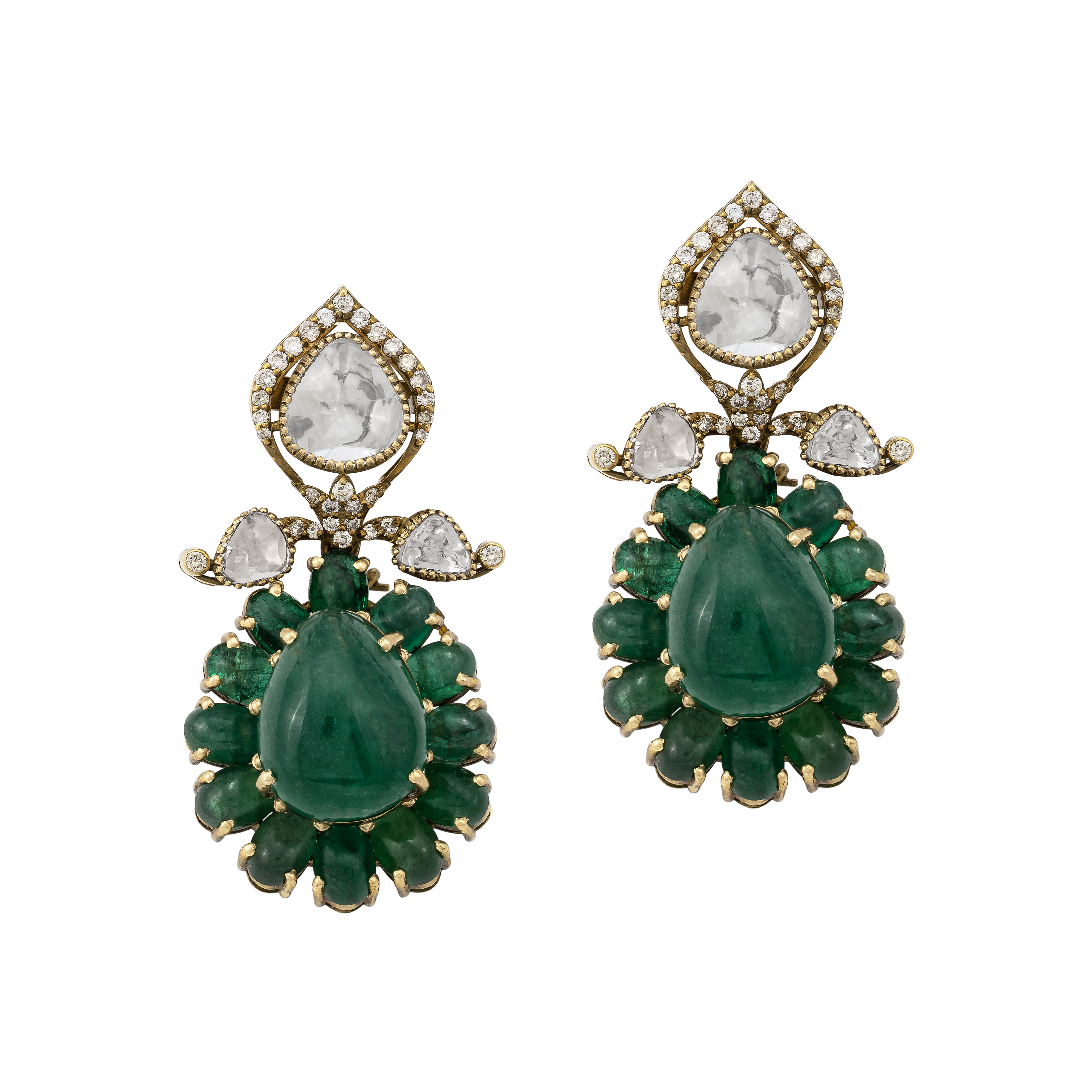 Antique Emerald Drop Earrings with Beaded Halo