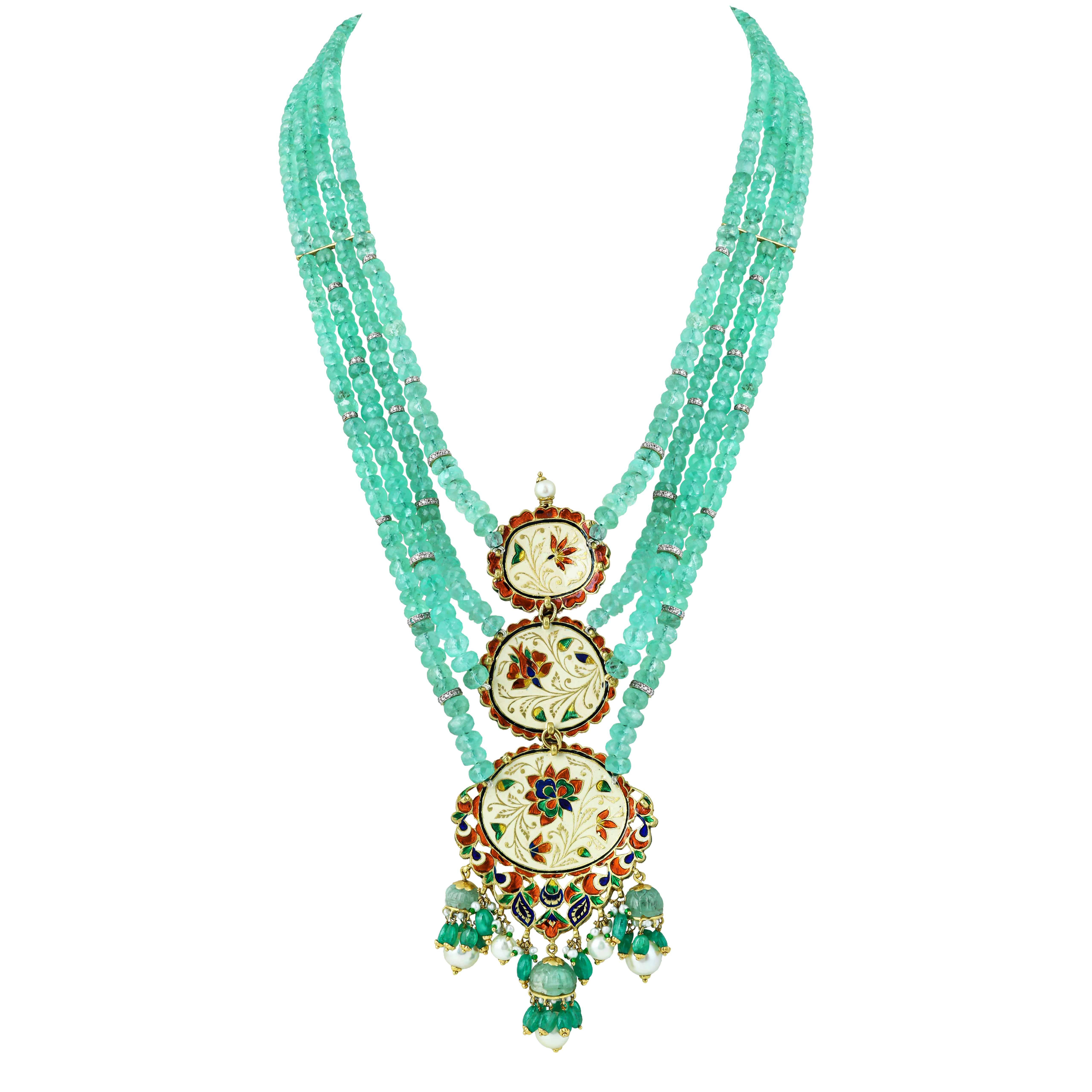 Triple Green Oval Necklace with Polki and Pearl Drops