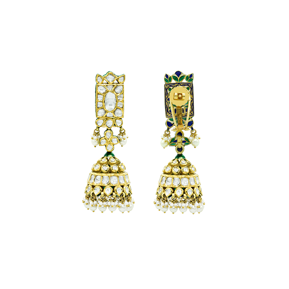 Gold Jhumki Earrings with Polki, Ivory Finish, and Pearls