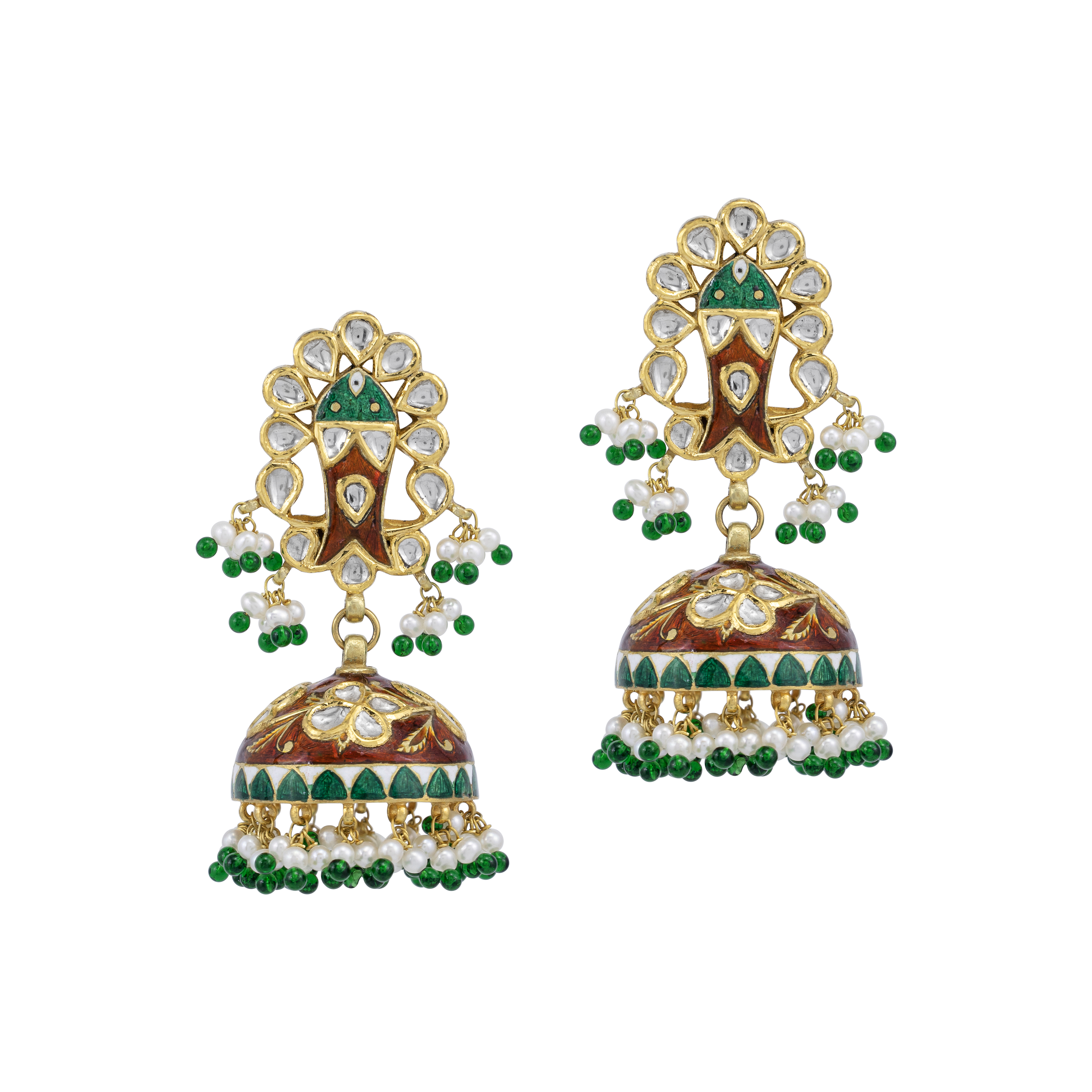 Floral Polki Jhumkas with Pearl fringe