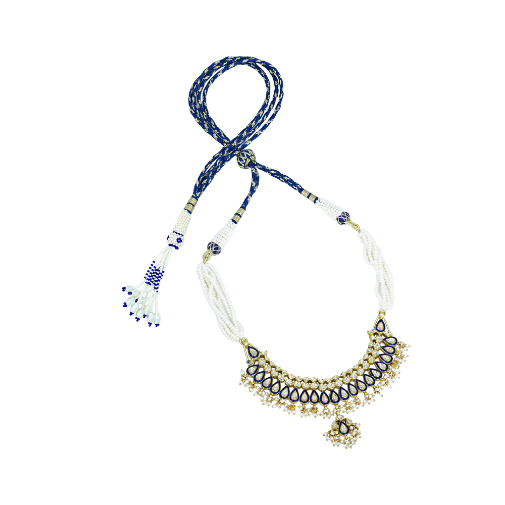 Blue Enamel Teardrop Necklace with Pearls and Fringe Details