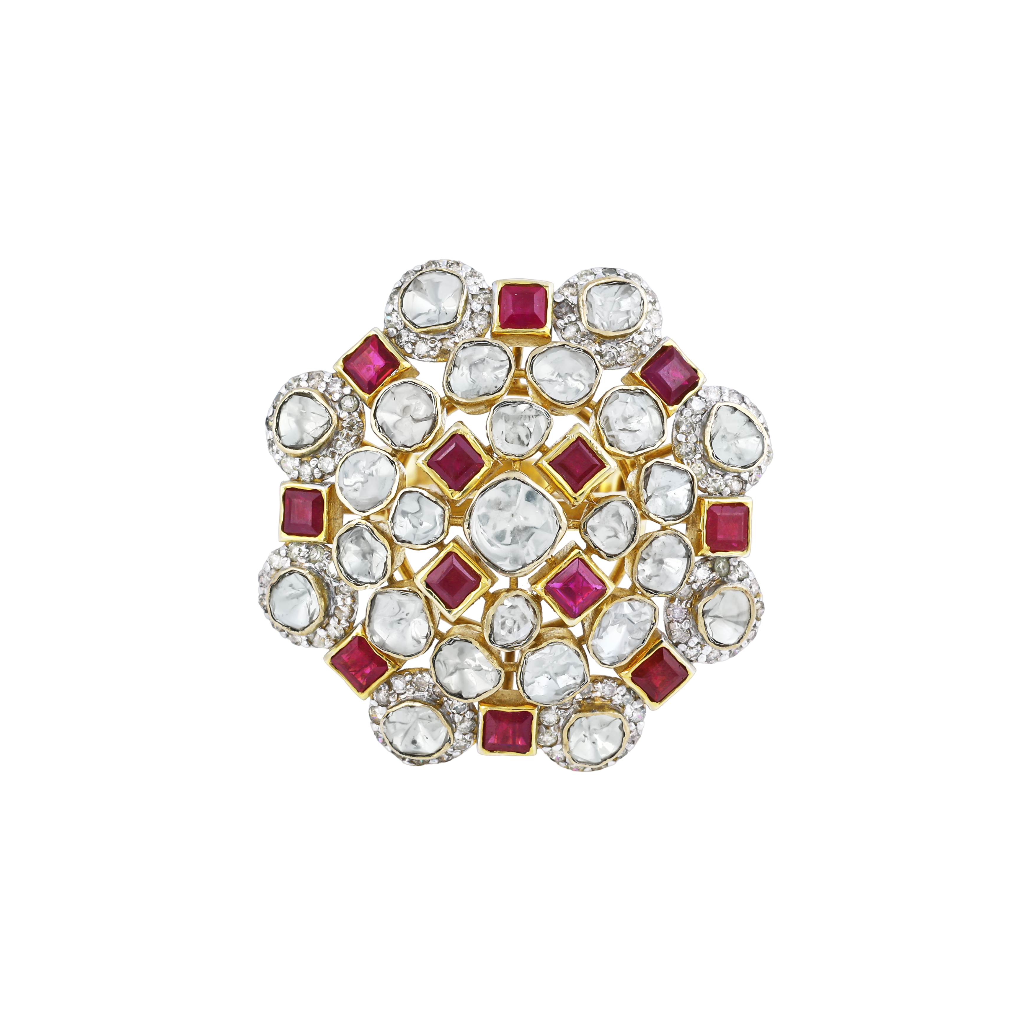 Floral Polki Ring with Square-Cut Red Stone and Diamond Border