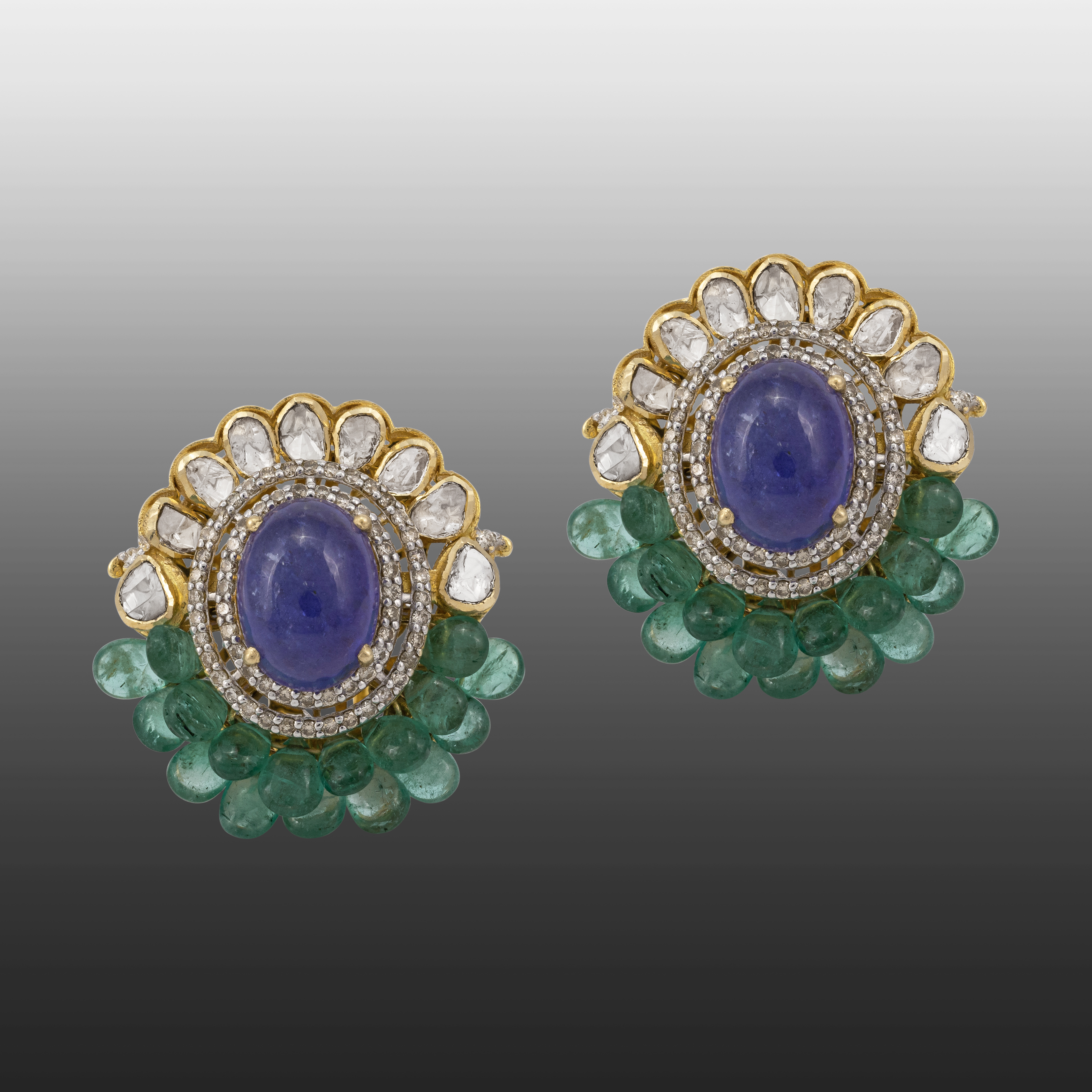 Oval Tanzanite Studs with Polki Half Border and Emerald Beads