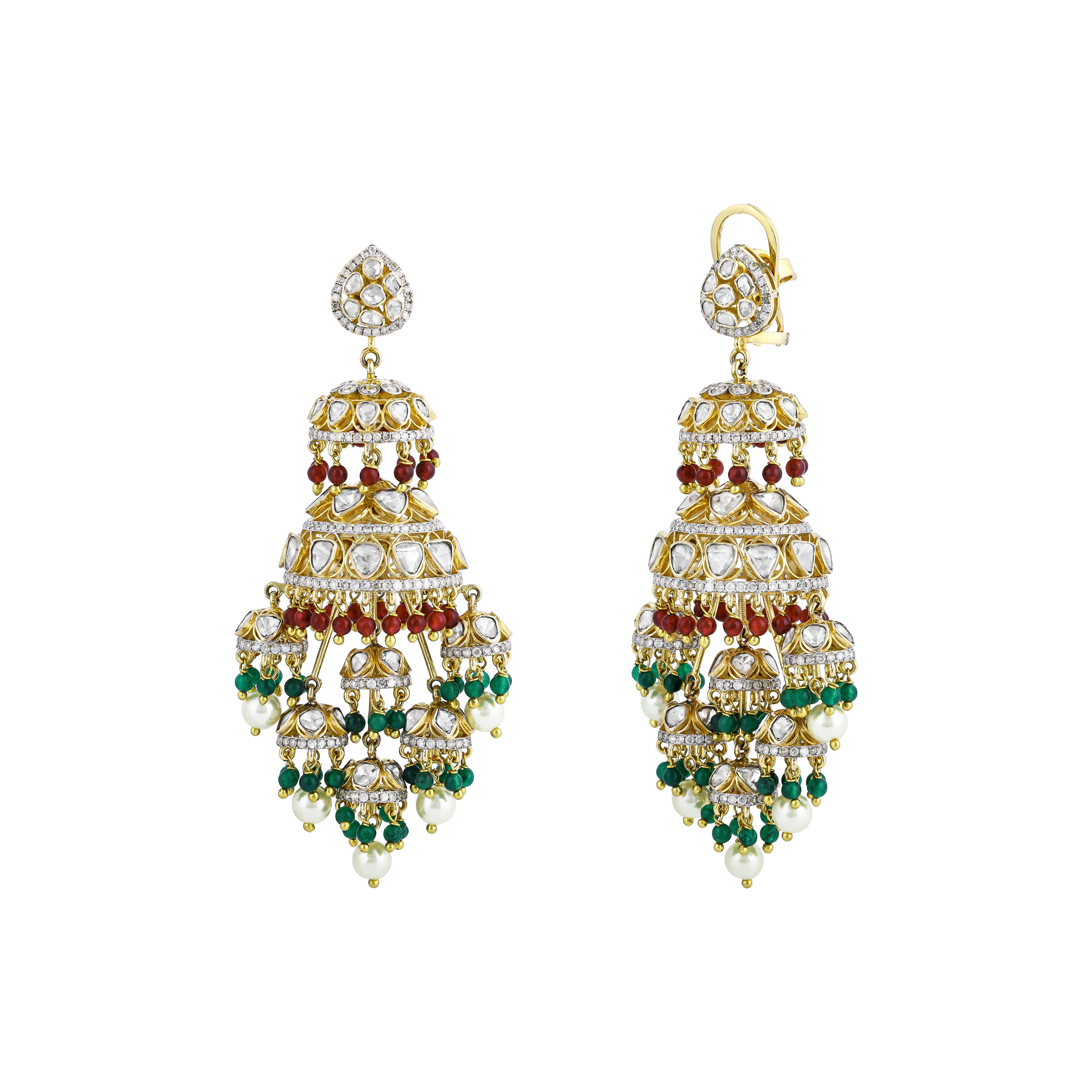 Polki Chandelier Earrings with Green and Red Beads, Pearl Drops