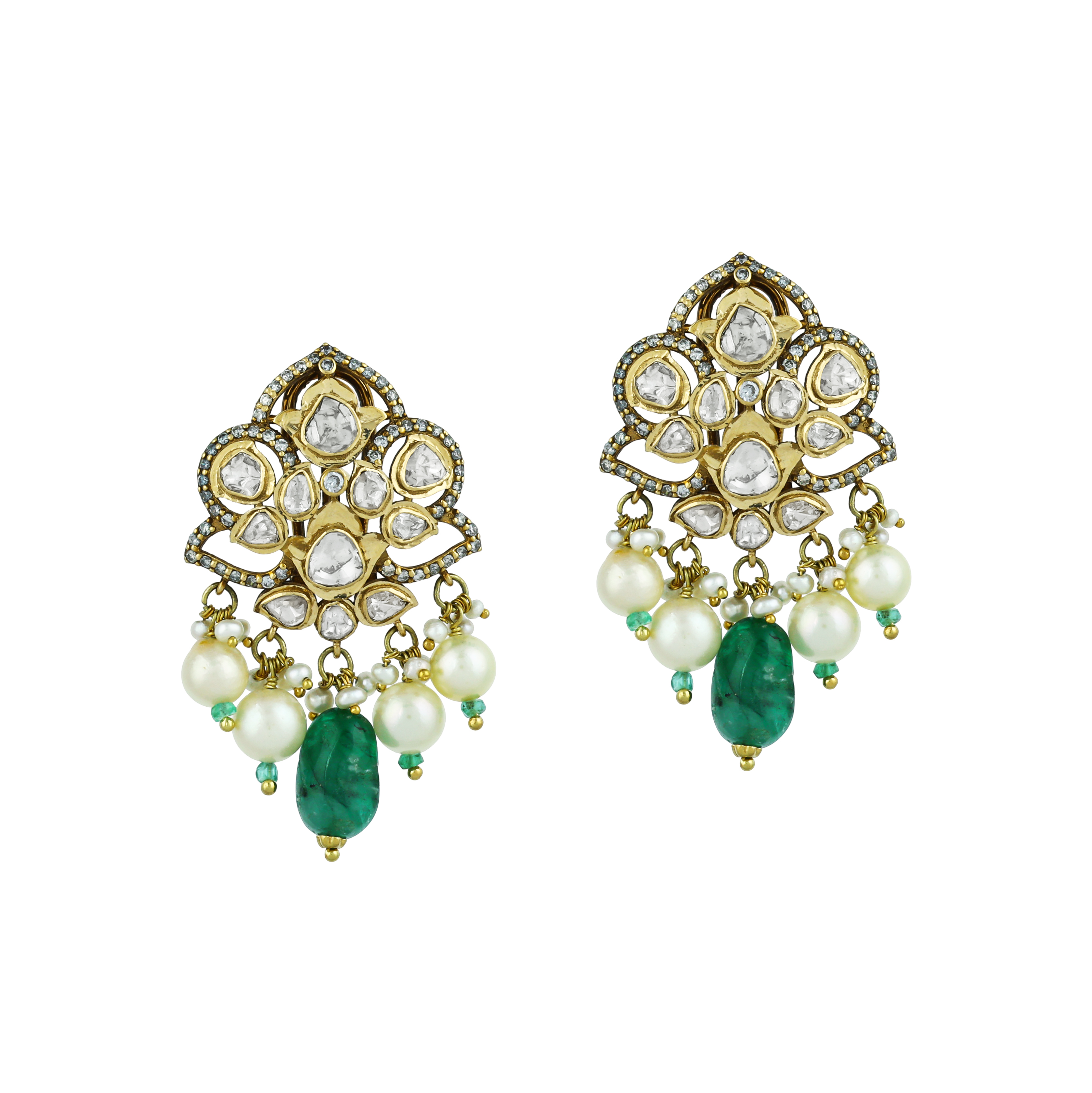 Floral Polki Earrings with Emerald and Pearl Drops