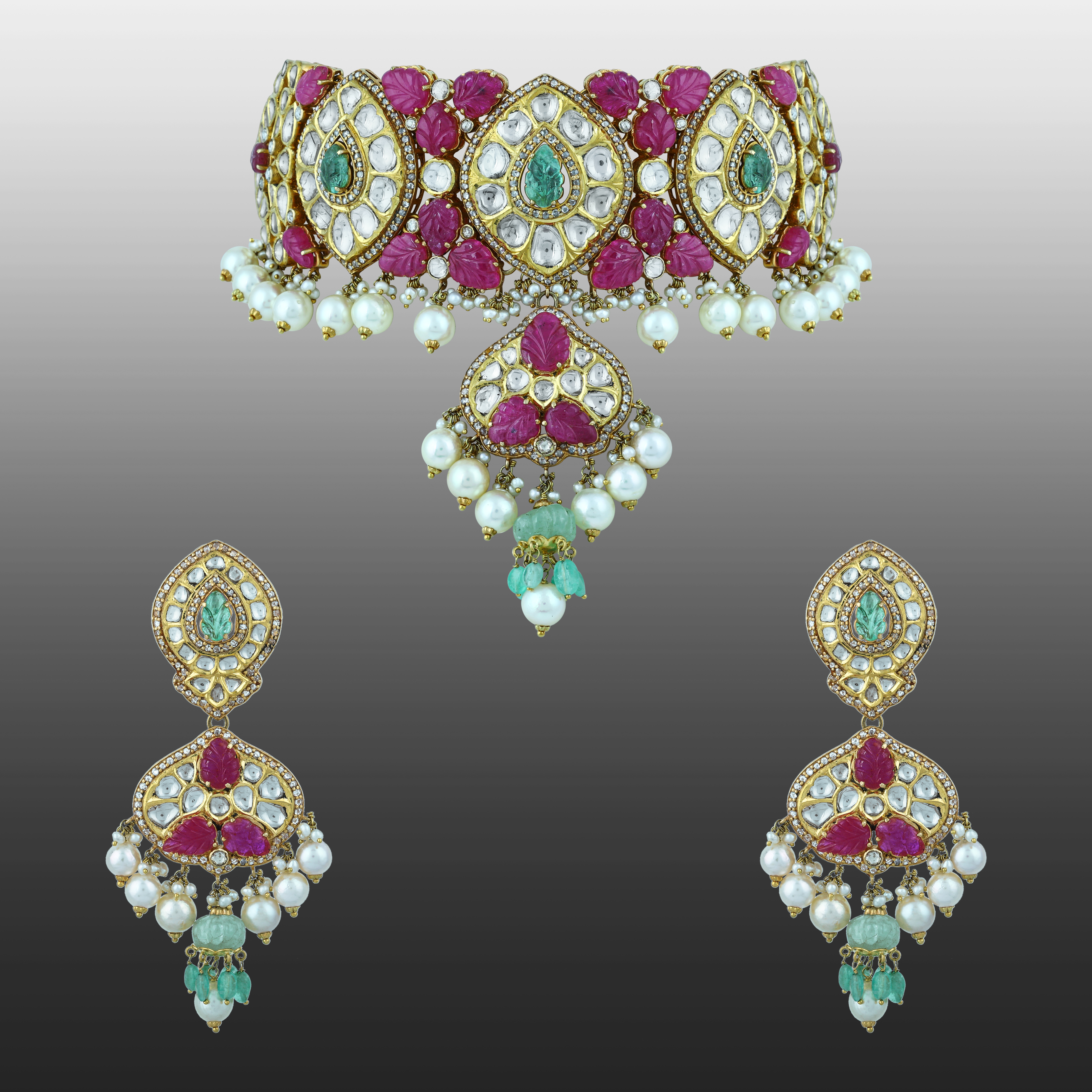 Ruby, Diamond & Emerald Choker Set with Pearl Drops