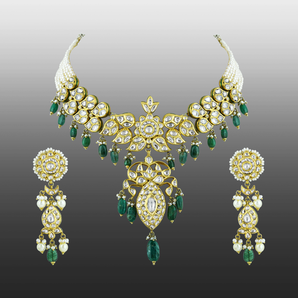 Polki Necklace Set with Emerald Drops and Pearl Strands