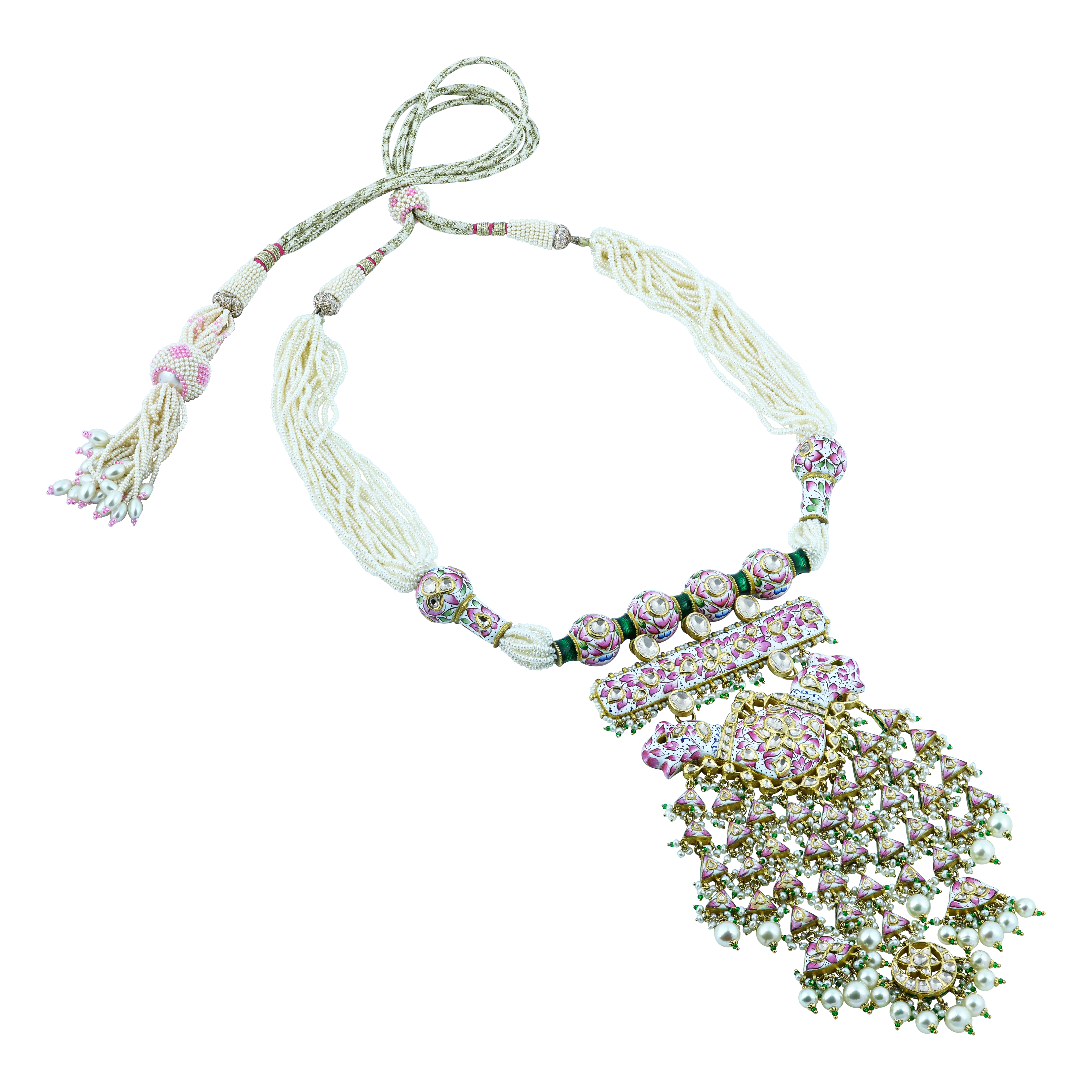 Pink White Meenakari Necklace Set with Uncut Diamond Polkis & Pearls