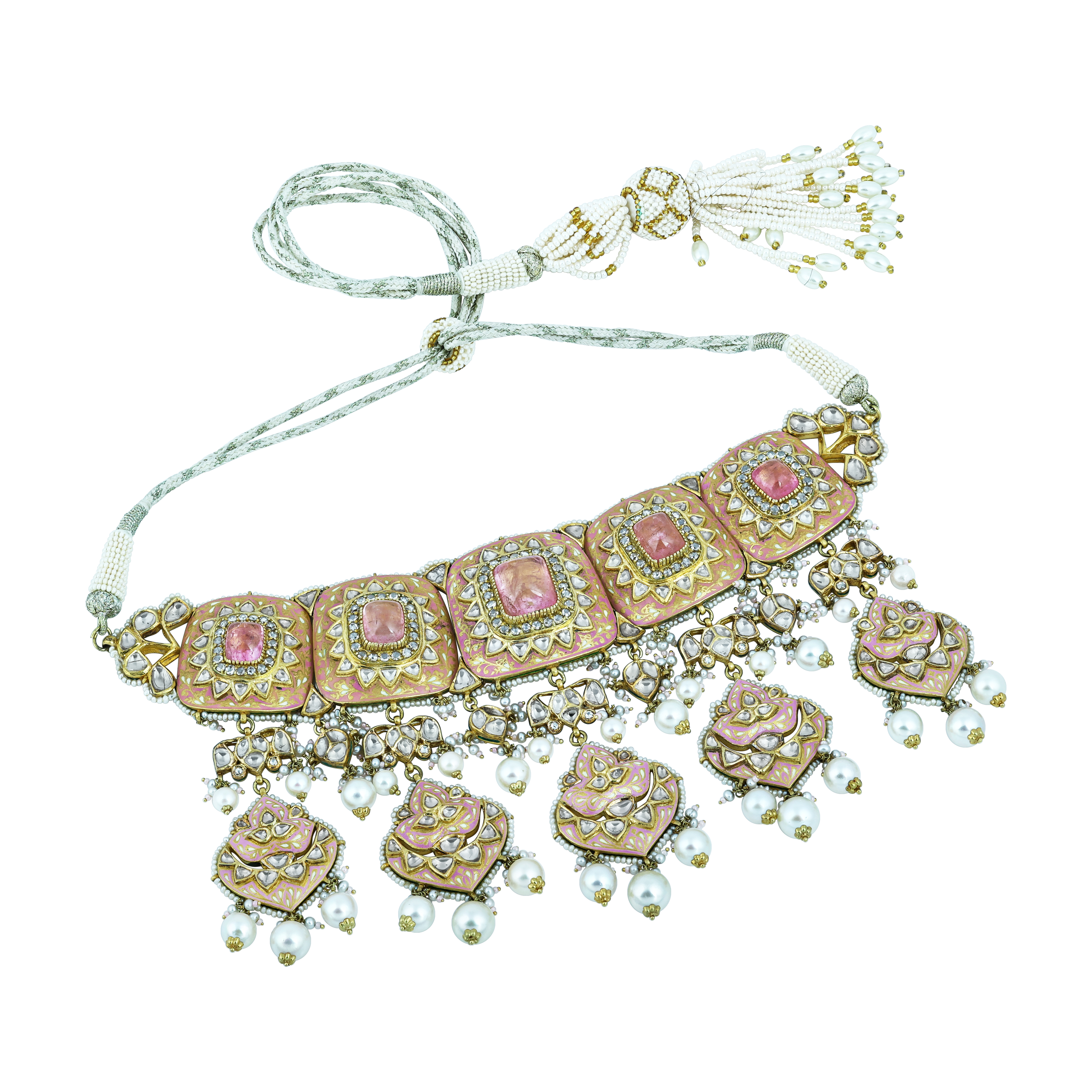 Rose Enamel Choker Set with Square Polki and Pearl Drops