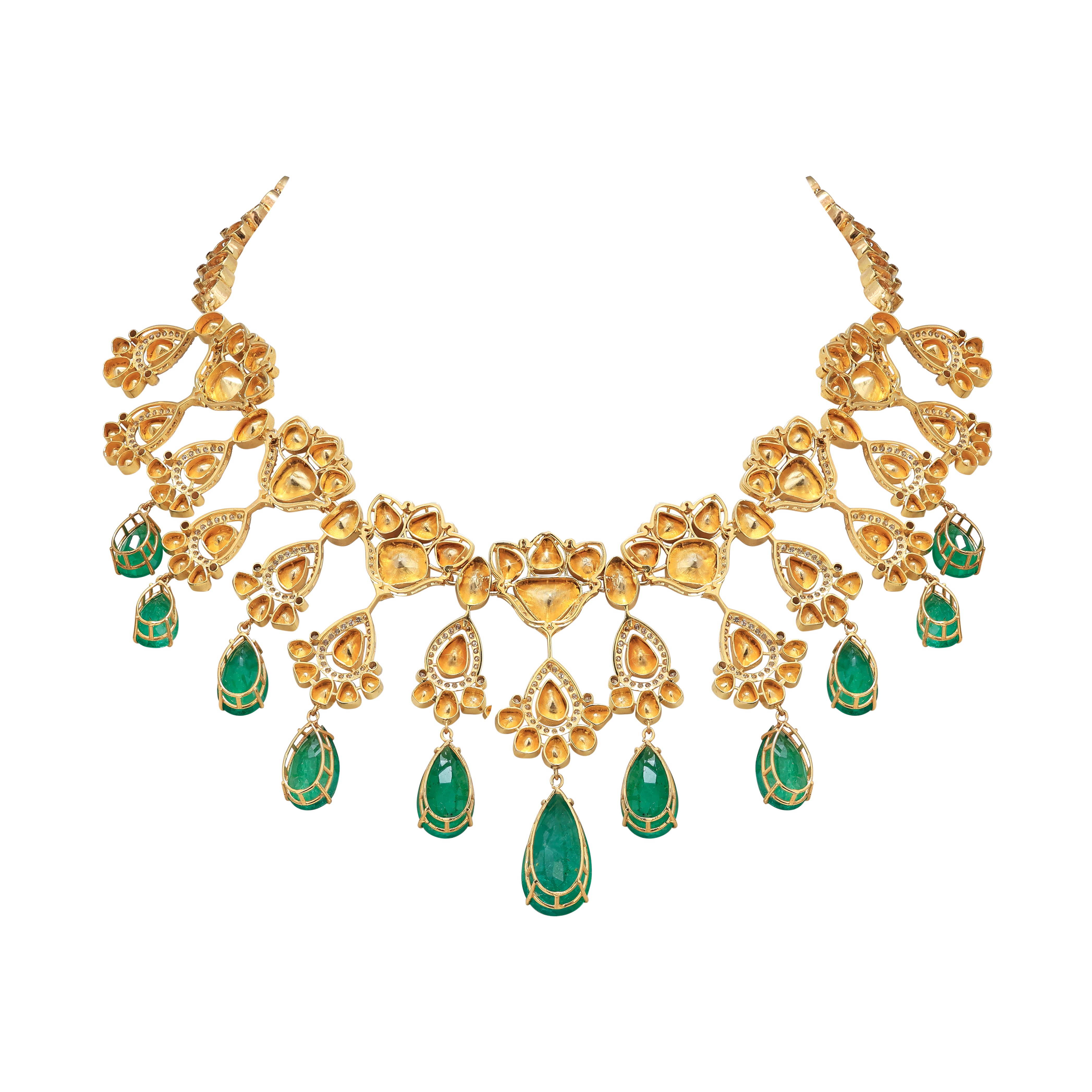 Faceted Emerald and Open Polki Bridal Necklace