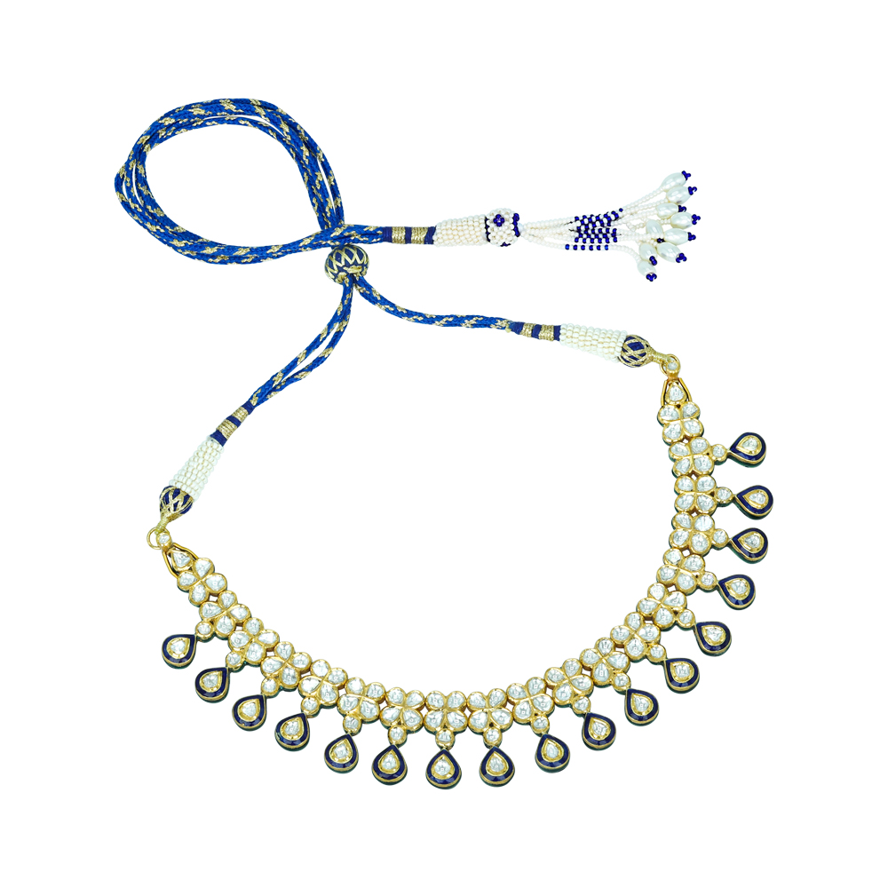 Polki Necklace with Blue Enamel and Drop Detailing