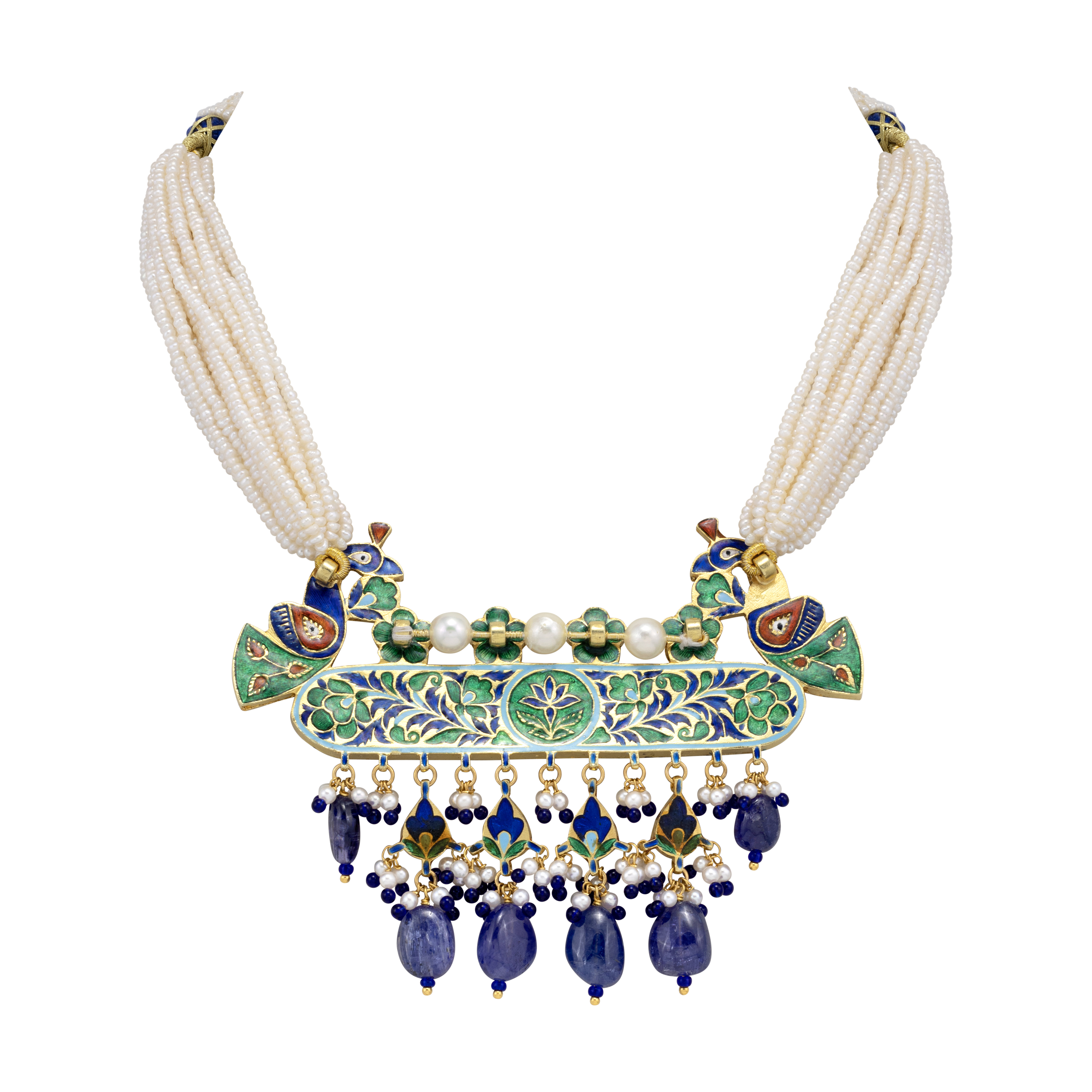 Blue Peacock Meenakari Pendant with Sapphire and Pearls