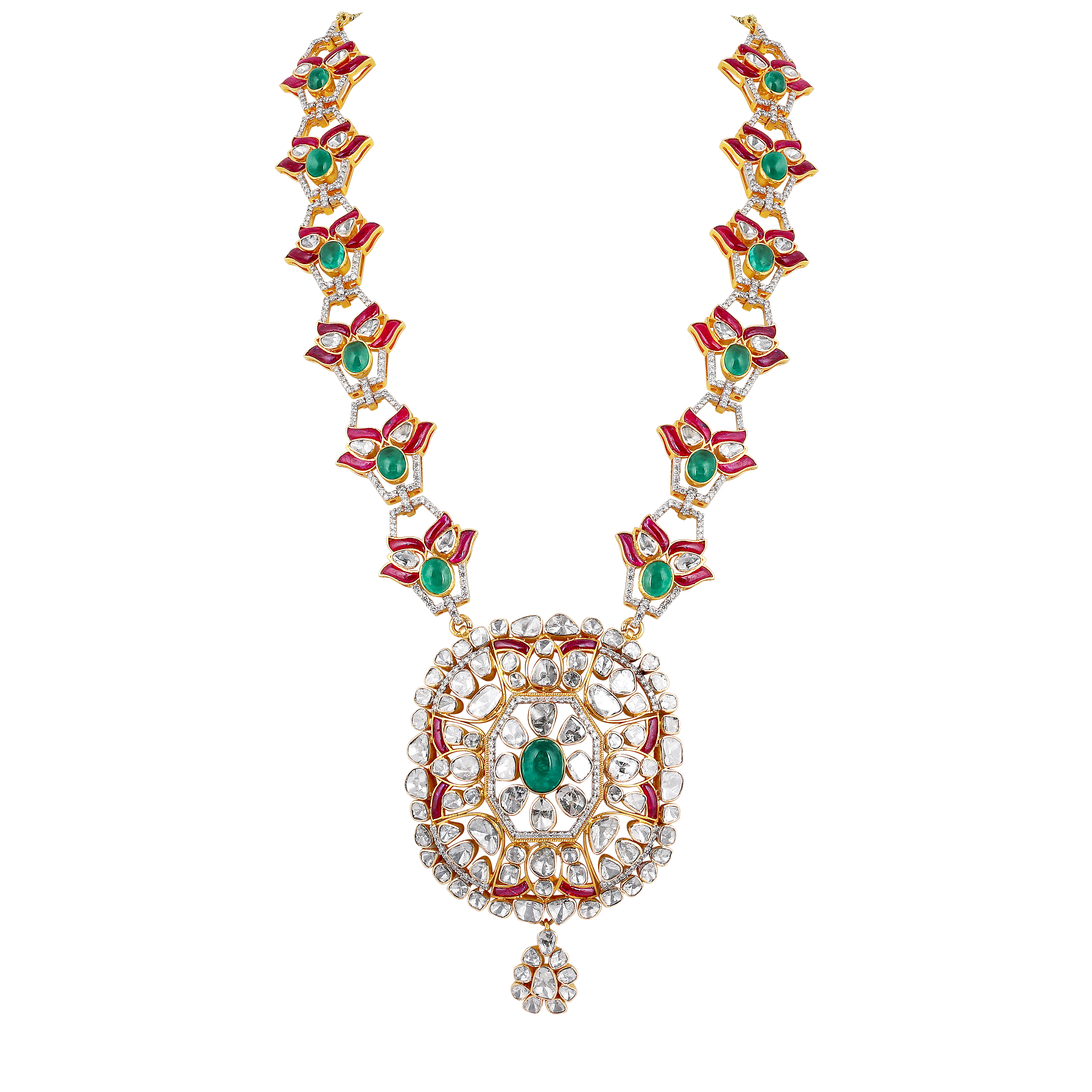 Emerald & Ruby Cabochon Necklace with Diamond Polki Halo