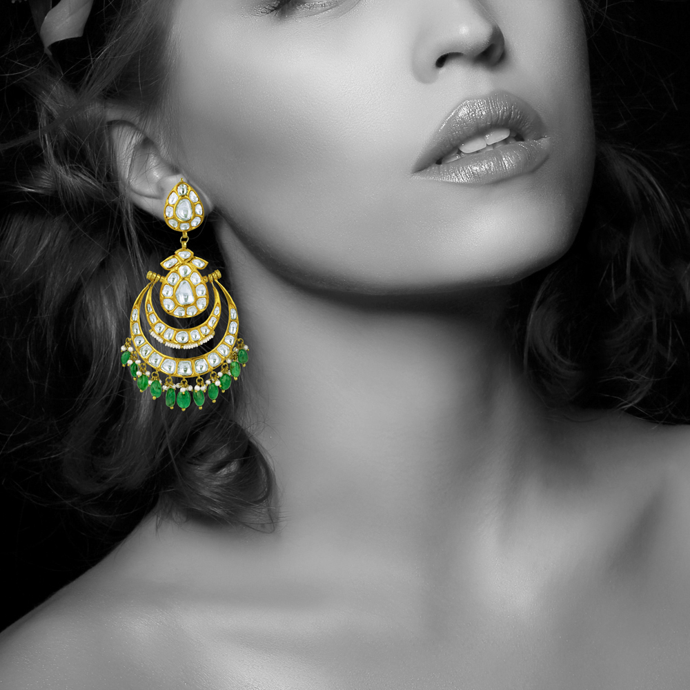 Chandbali Earrings with Polki, Emerald Maniya, and Pearls