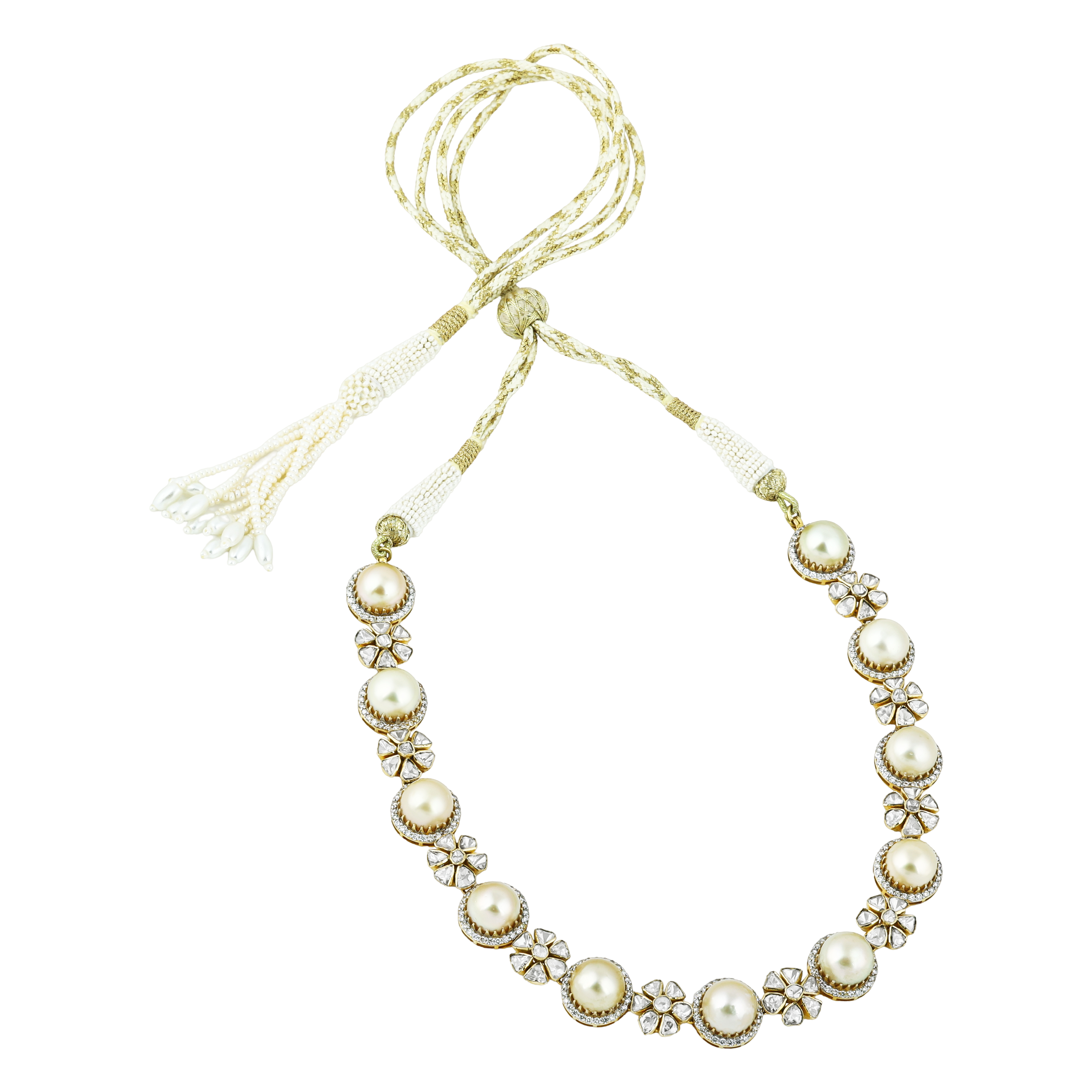Pearl Necklace with Polki Floral Motifs & Diamond Halos