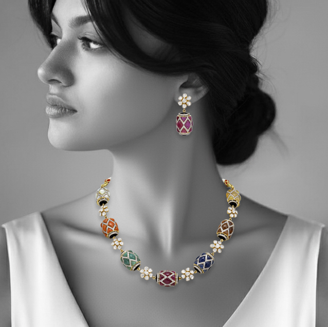 Navratna Bead Necklace with Floral Accents