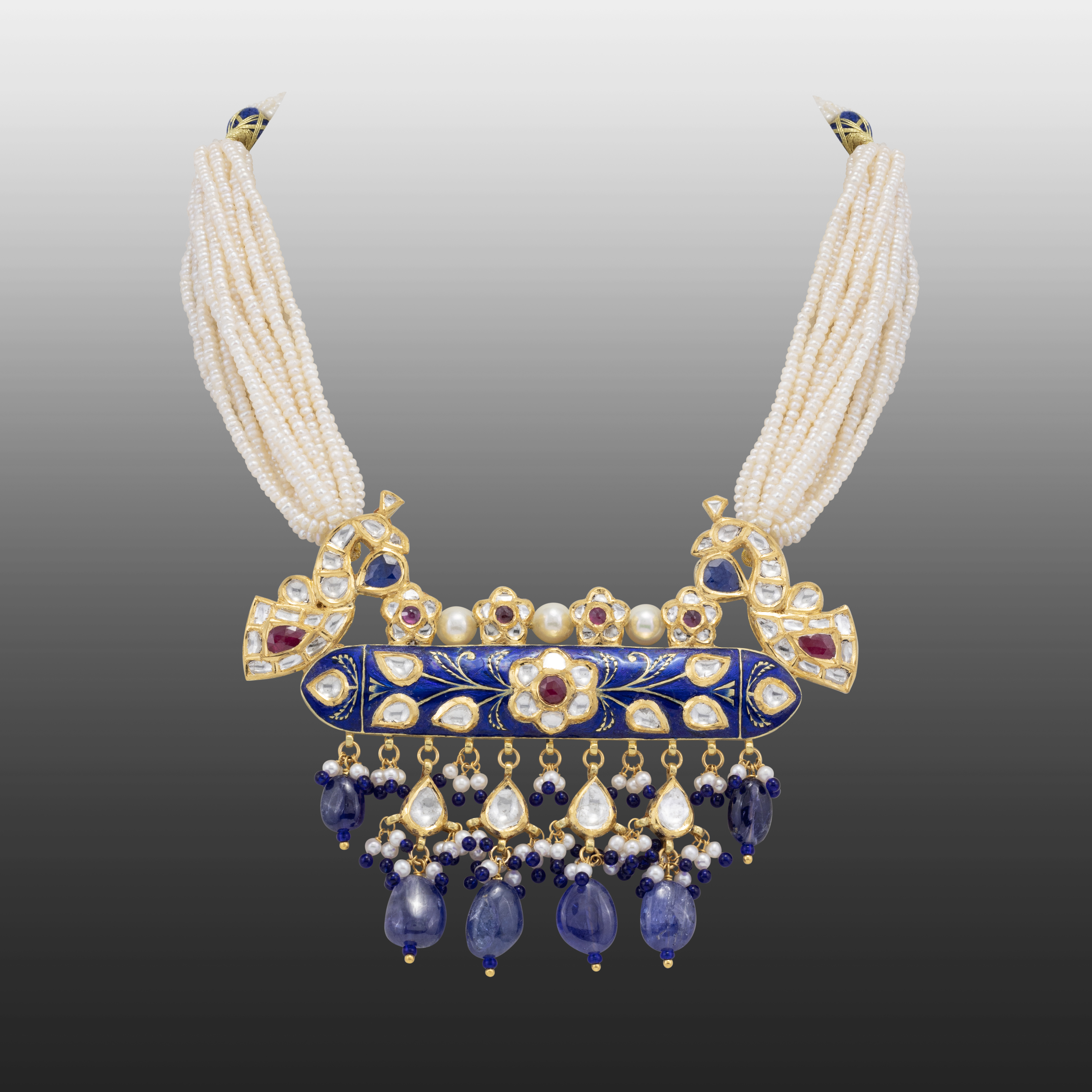 Blue Peacock Meenakari Pendant with Sapphire and Pearls