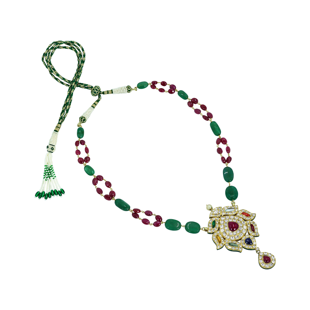 Navaratan Pendant Necklace with Polkis, Ruby, and Emerald Beads
