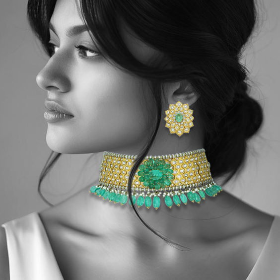 Polki Choker Set with Emerald Floral Motif and Drops