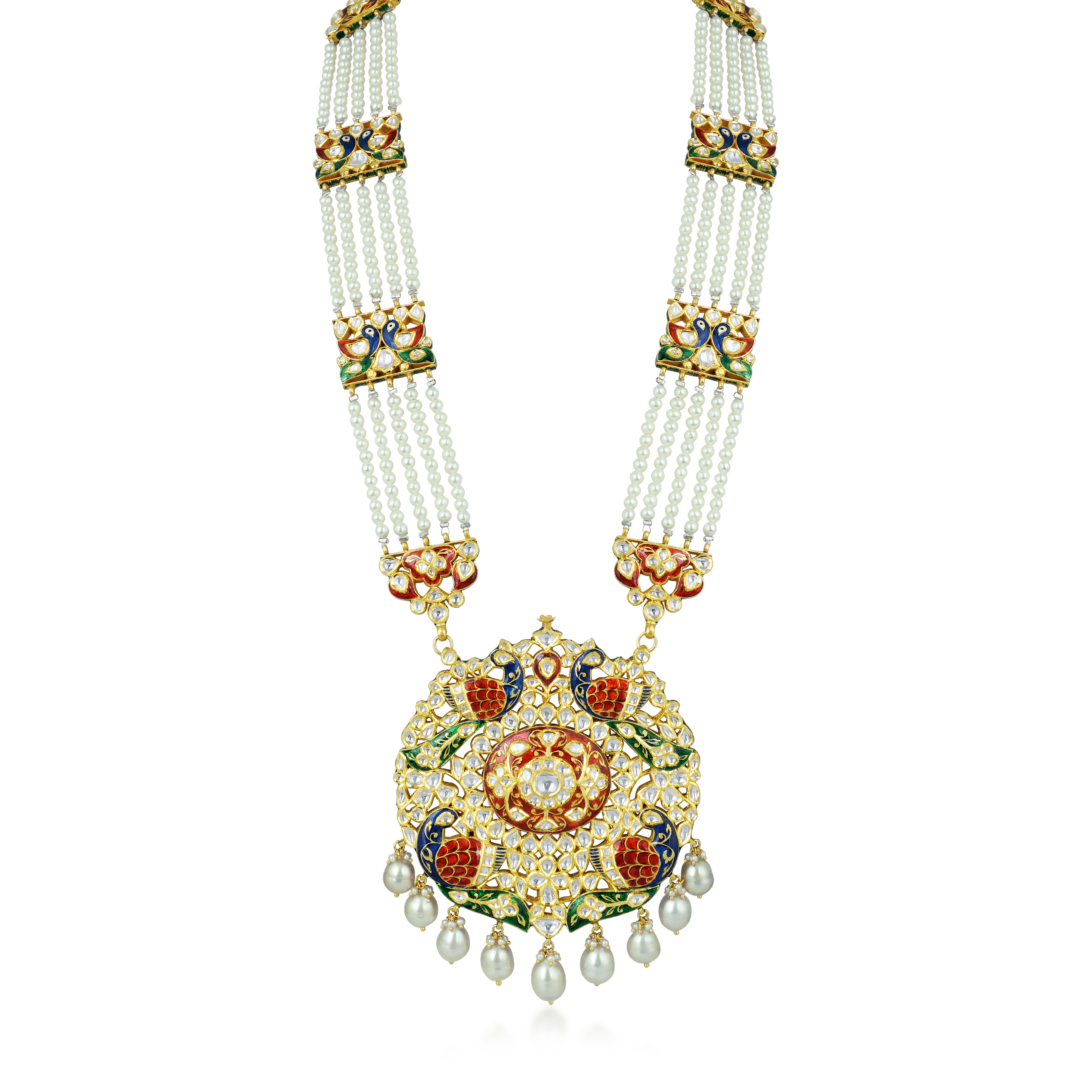 Peacock Pendant Necklace with Polki and Multi-Layered Pearls