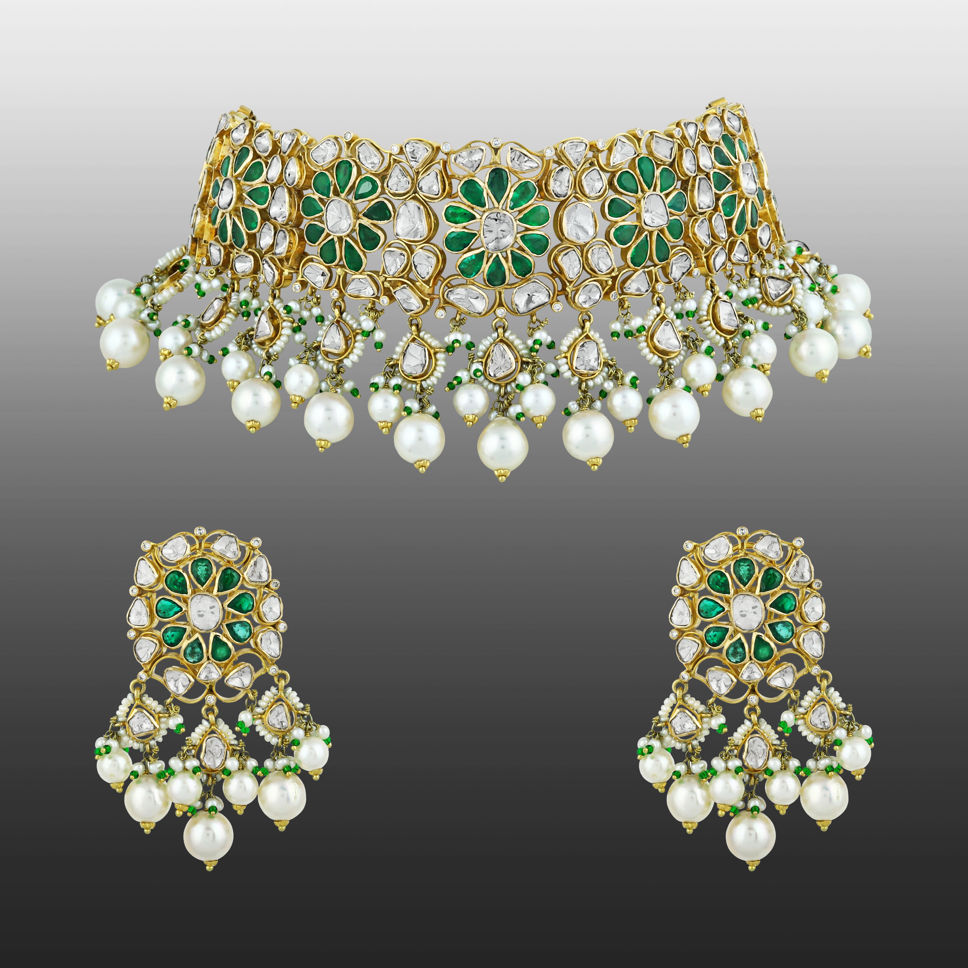 Floral Polki Choker Set with Emeralds and Pearl Drops