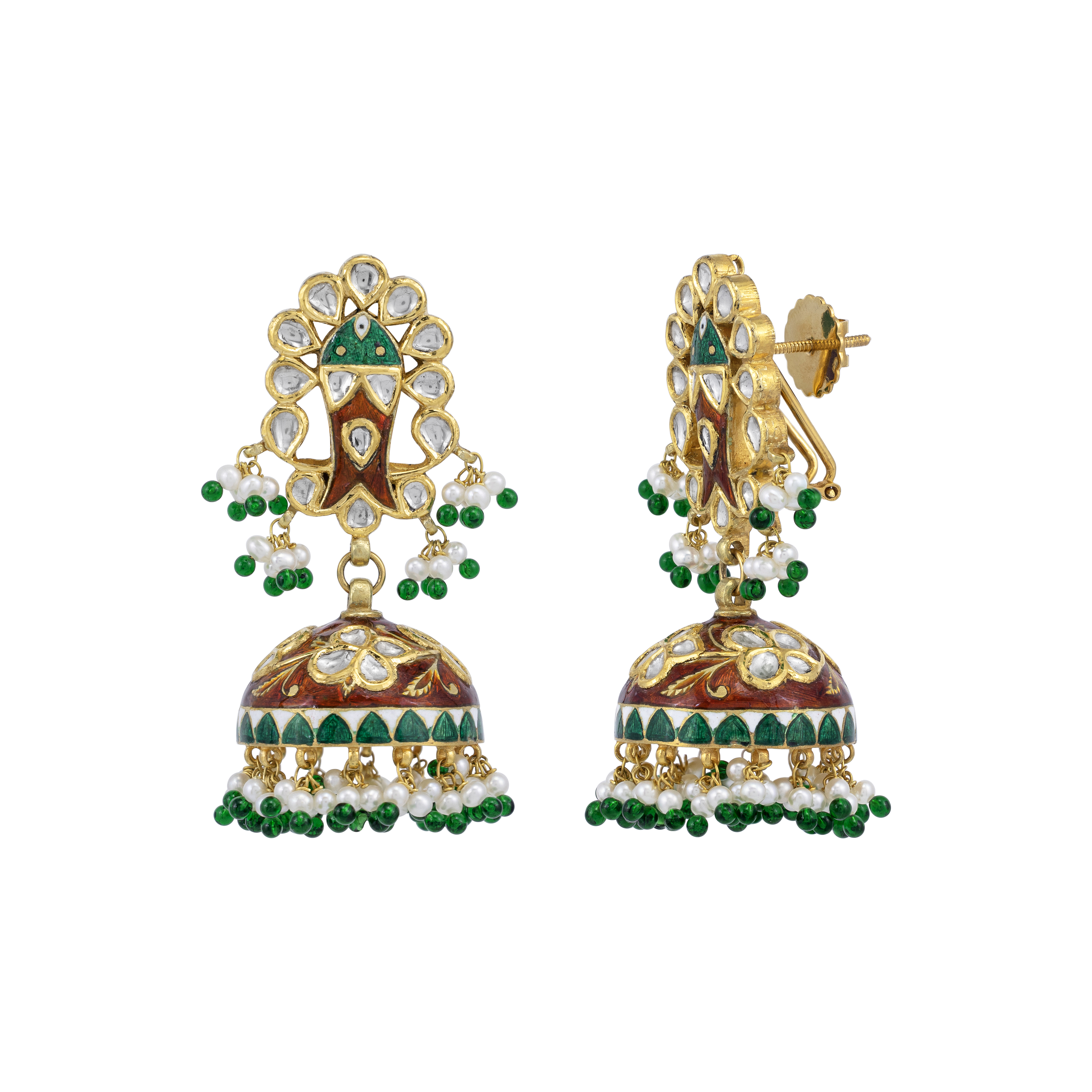Floral Polki Jhumkas with Pearl fringe
