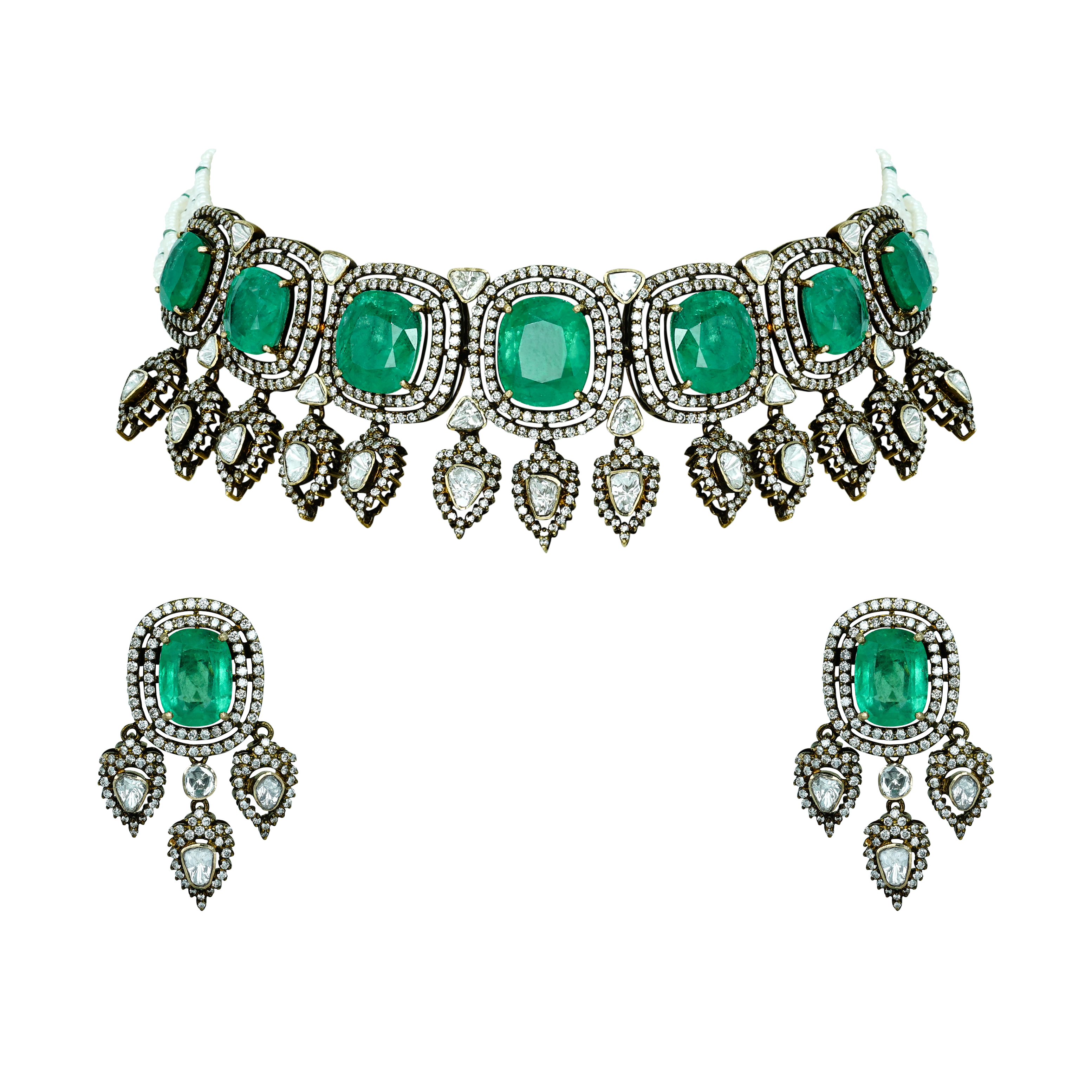 Antique Emerald Necklace Set with Diamond Halos and Teardrops