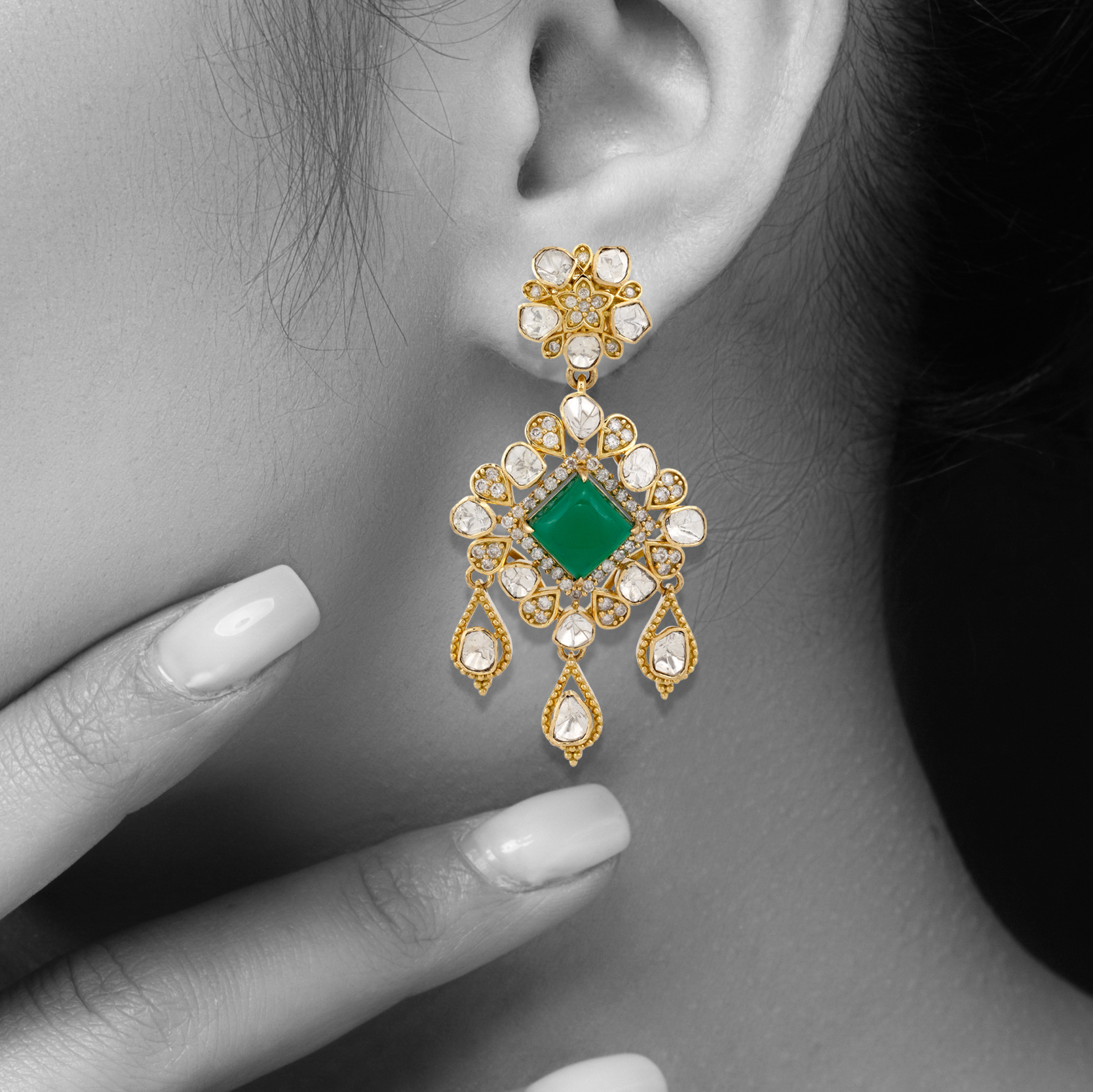 Polki Drop Earrings with Emerald Colour Center Stone