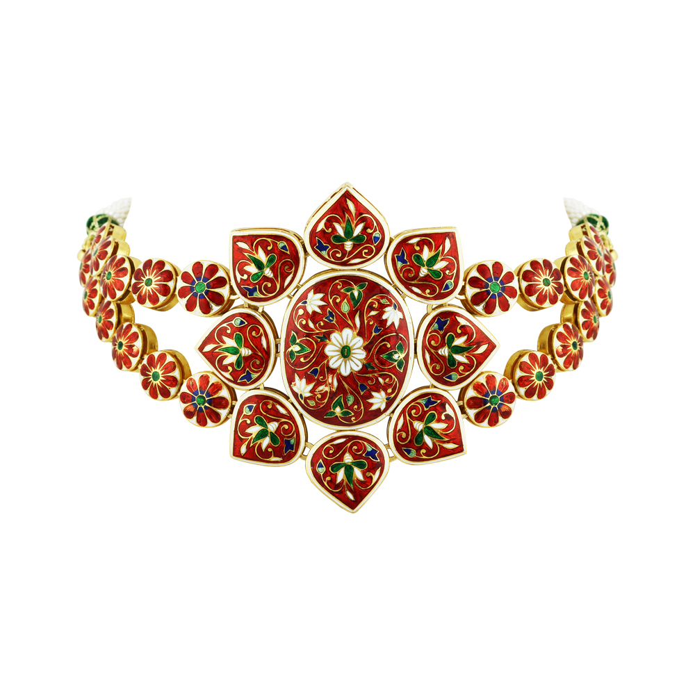 Floral Polki Choker with Green Enamel and Dual Polki Strings
