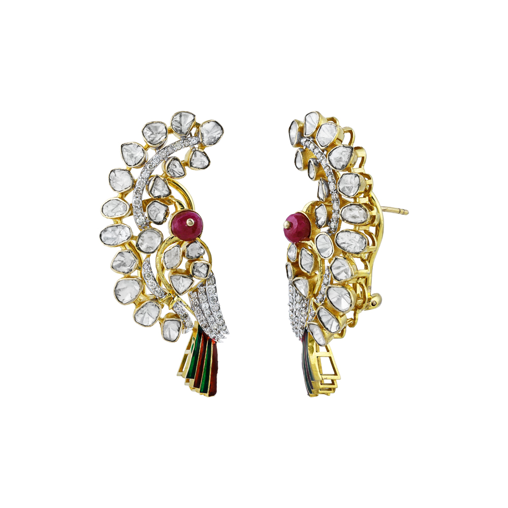 Polki Earrings with Red Colour Bead, Diamonds, and Enamel Wing of a Bird
