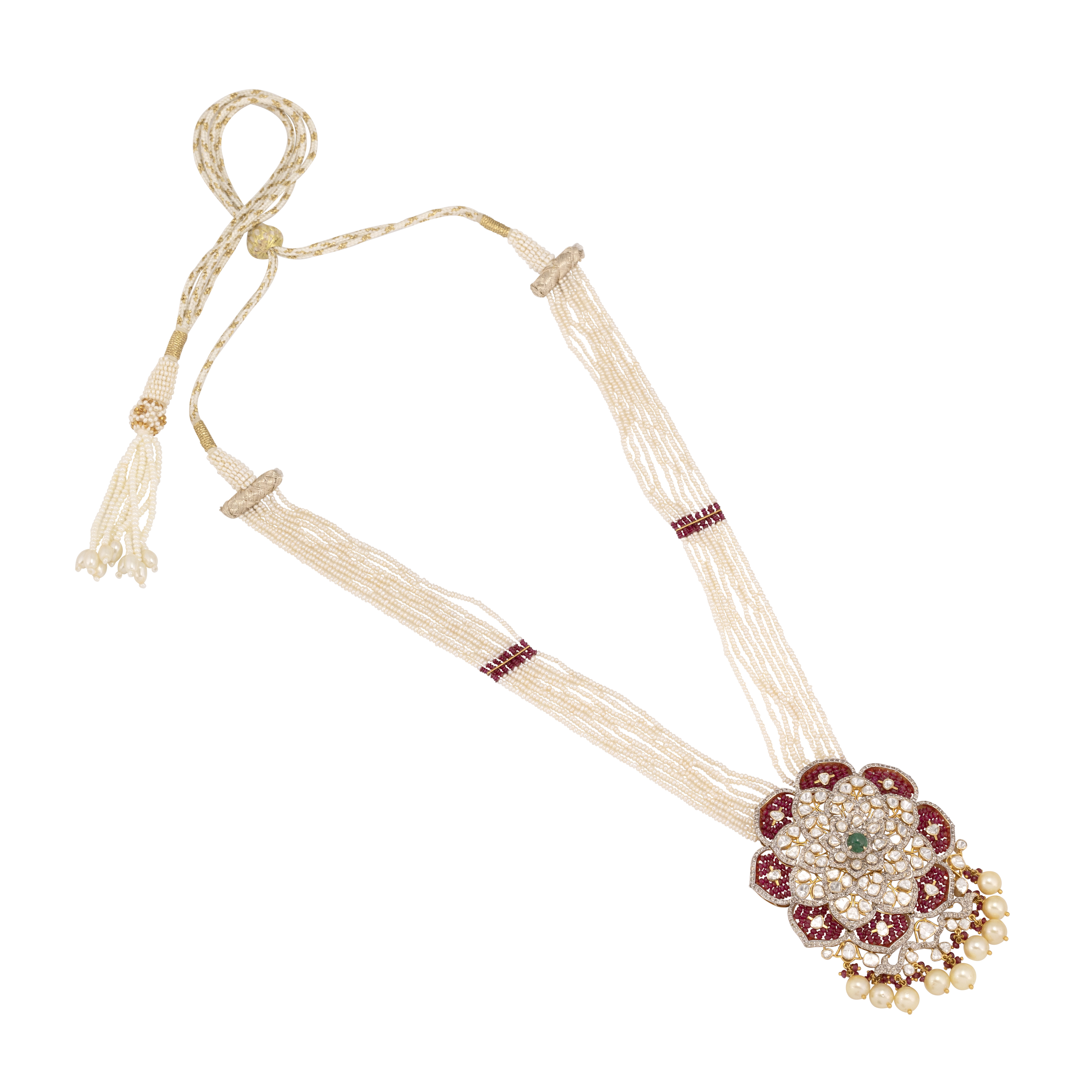 Pearl Strand Necklace with Polki, Ruby, and Emerald Pendant