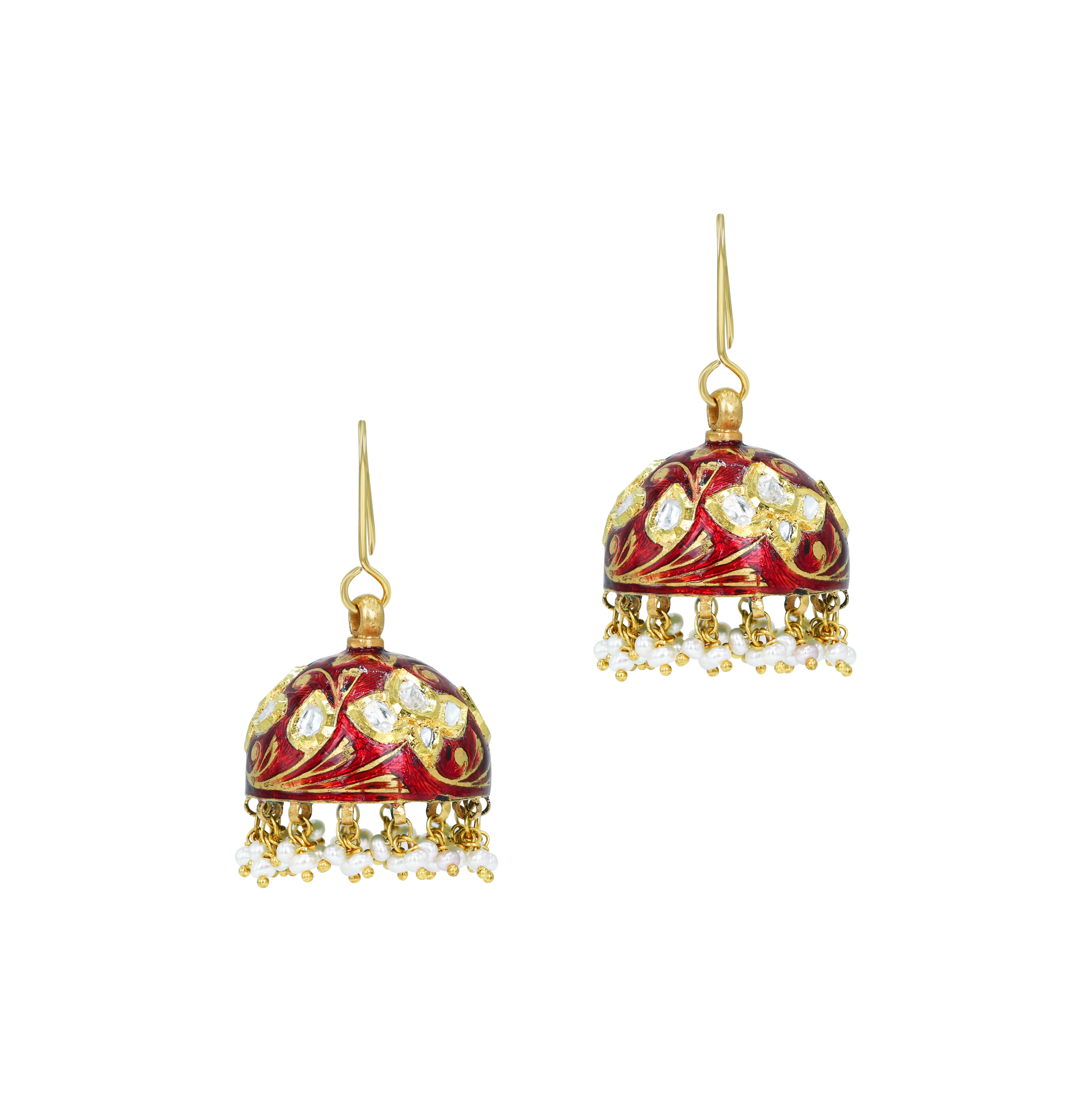 Red Enamel Polki Jhumkas with Floral Motifs and Pearl Beads