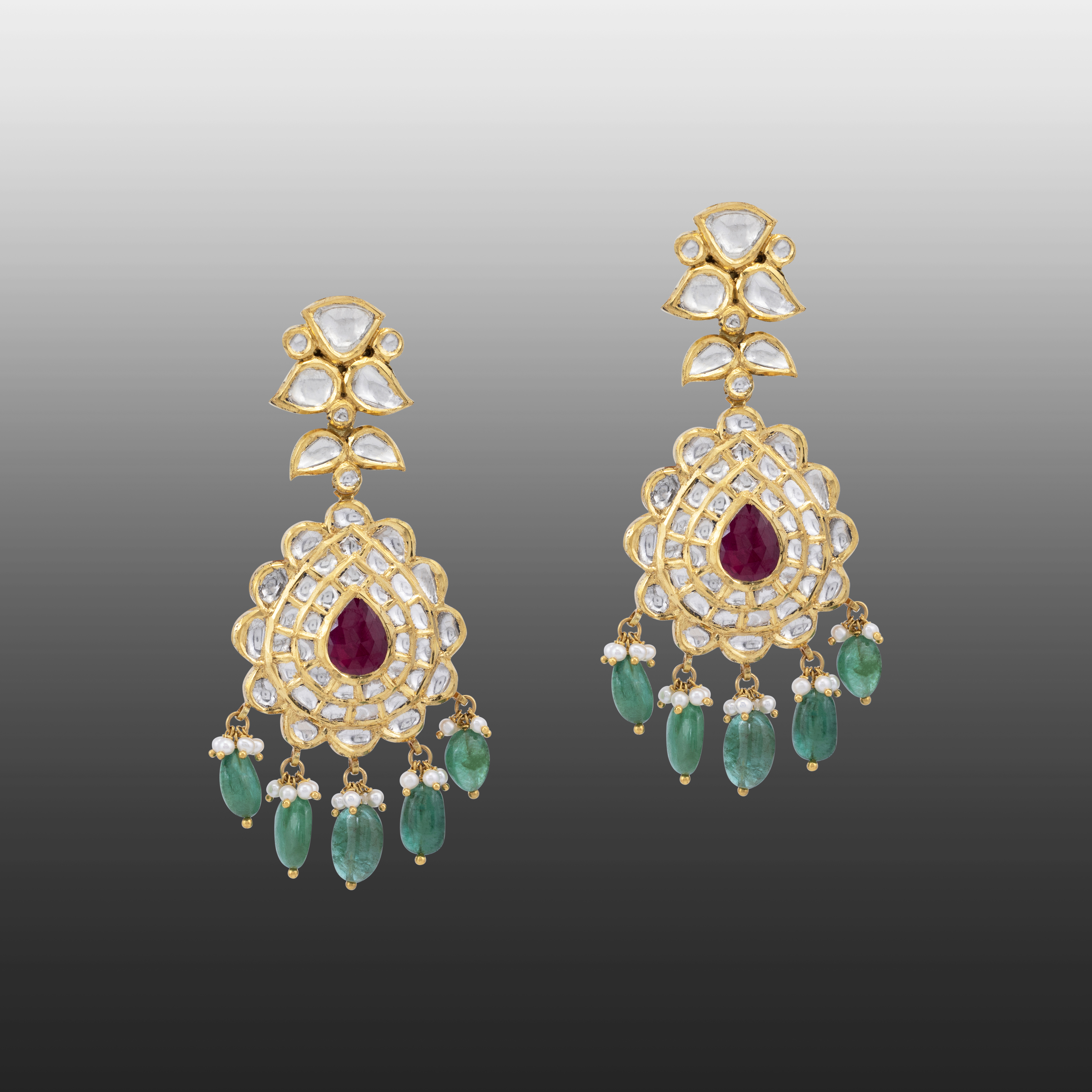 Teardrop Ruby Jadau Earrings with Emerald Drops