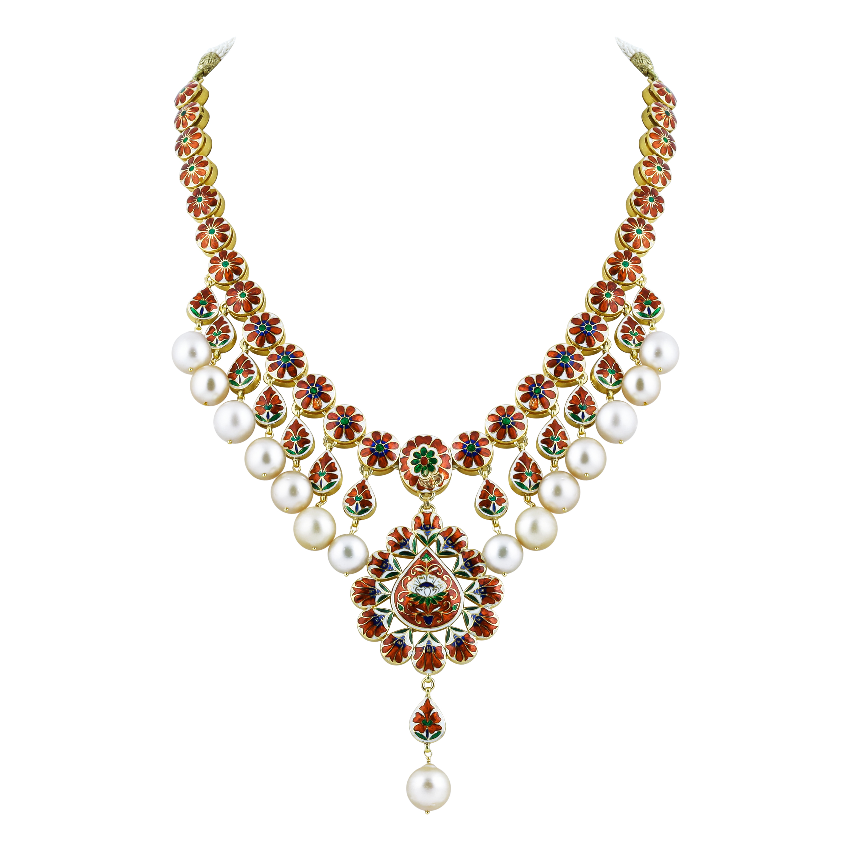 Polki Necklace with Pearl Drops and Central Motif