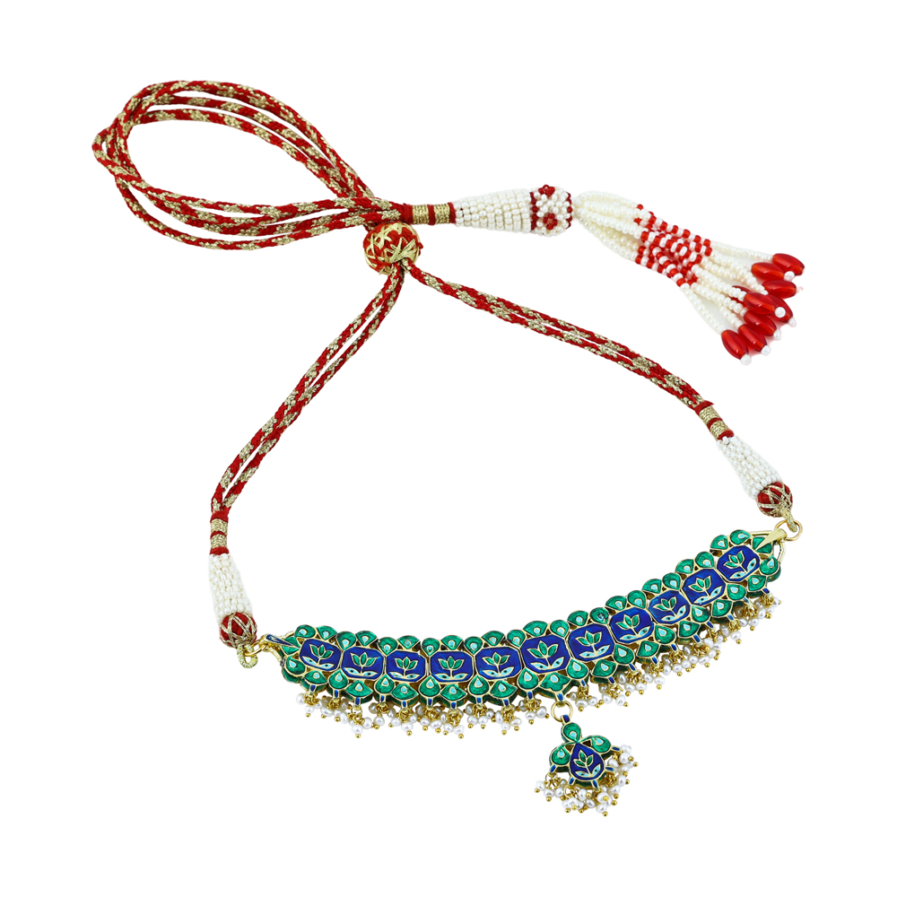 Polki Choker with Red Enamel and Graceful Pearl Clusters