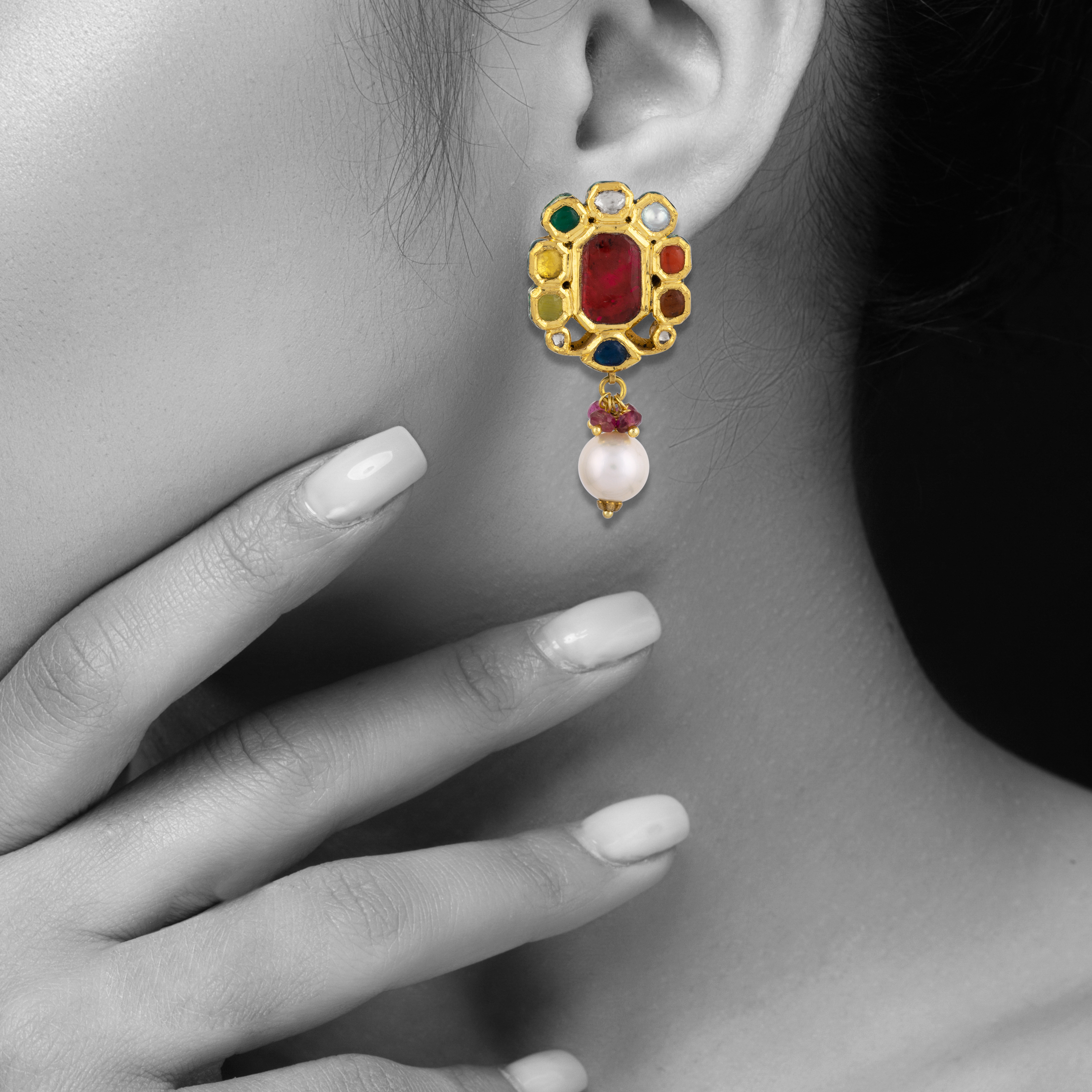 Navratna Earrings with Beads, Pearl, and Celestial Gems
