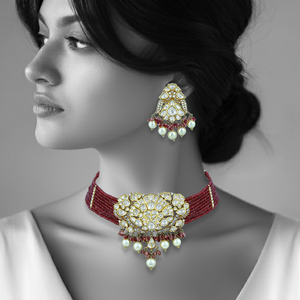 Choker Set with Uncut and Fullcut Diamonds, Ruby Beads & Pearls