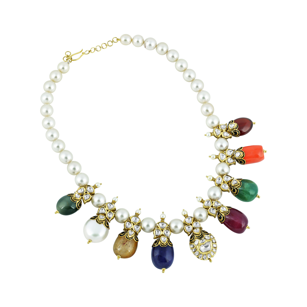 Navaratna Necklace Set with Pearls, Polki, and Vibrant Gemstones