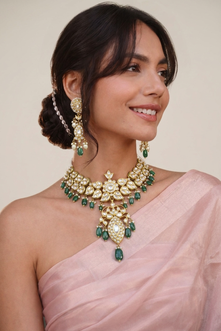 Polki Necklace Set with Emerald Drops and Pearl Strands