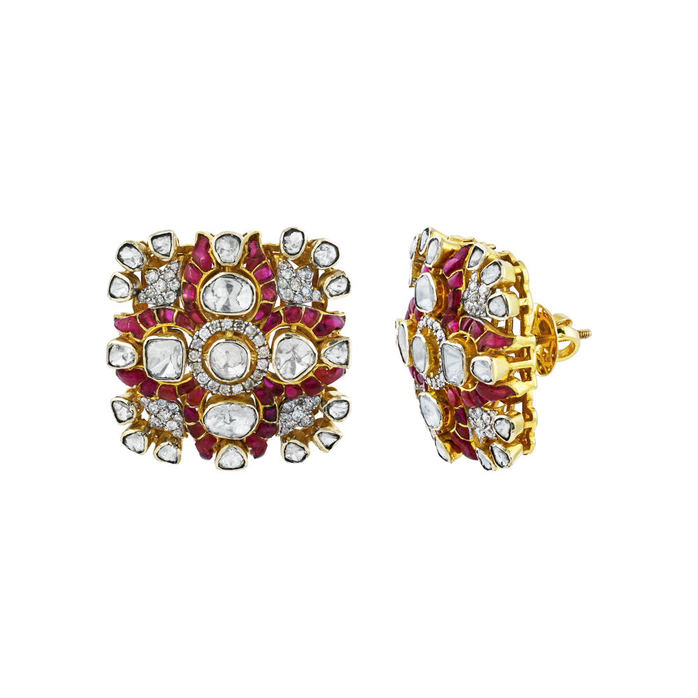 Square Polki Stud Earrings with Red Accents