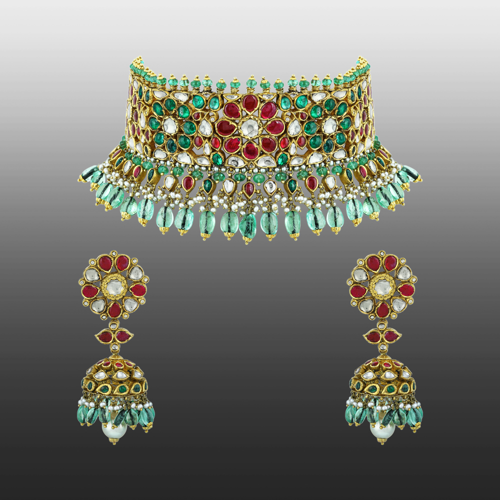 Green and Red Talaf Choker Set with Uncut Diamonds and Jhumkas