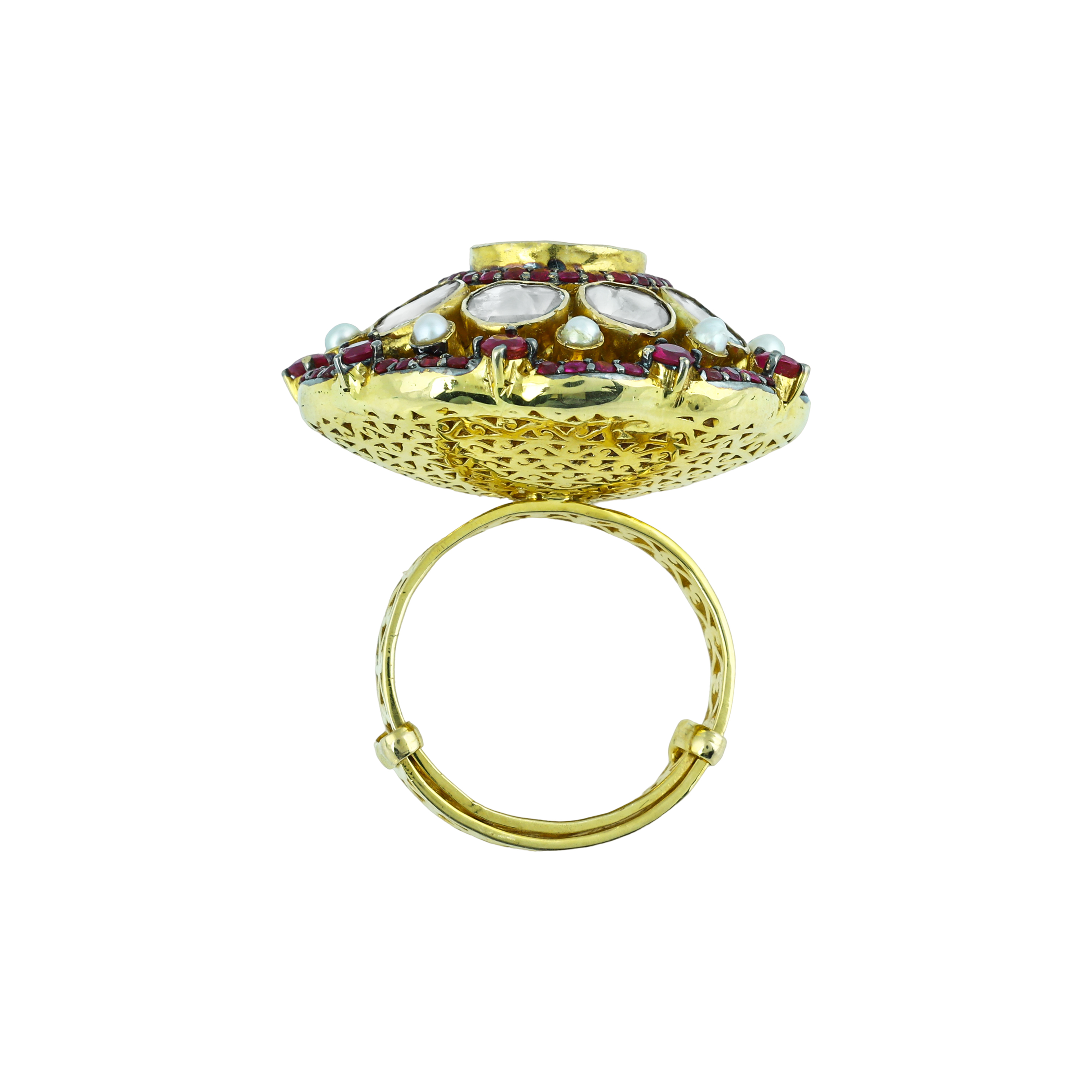 Polki Ring with Red Colourstone and Pearl Halo