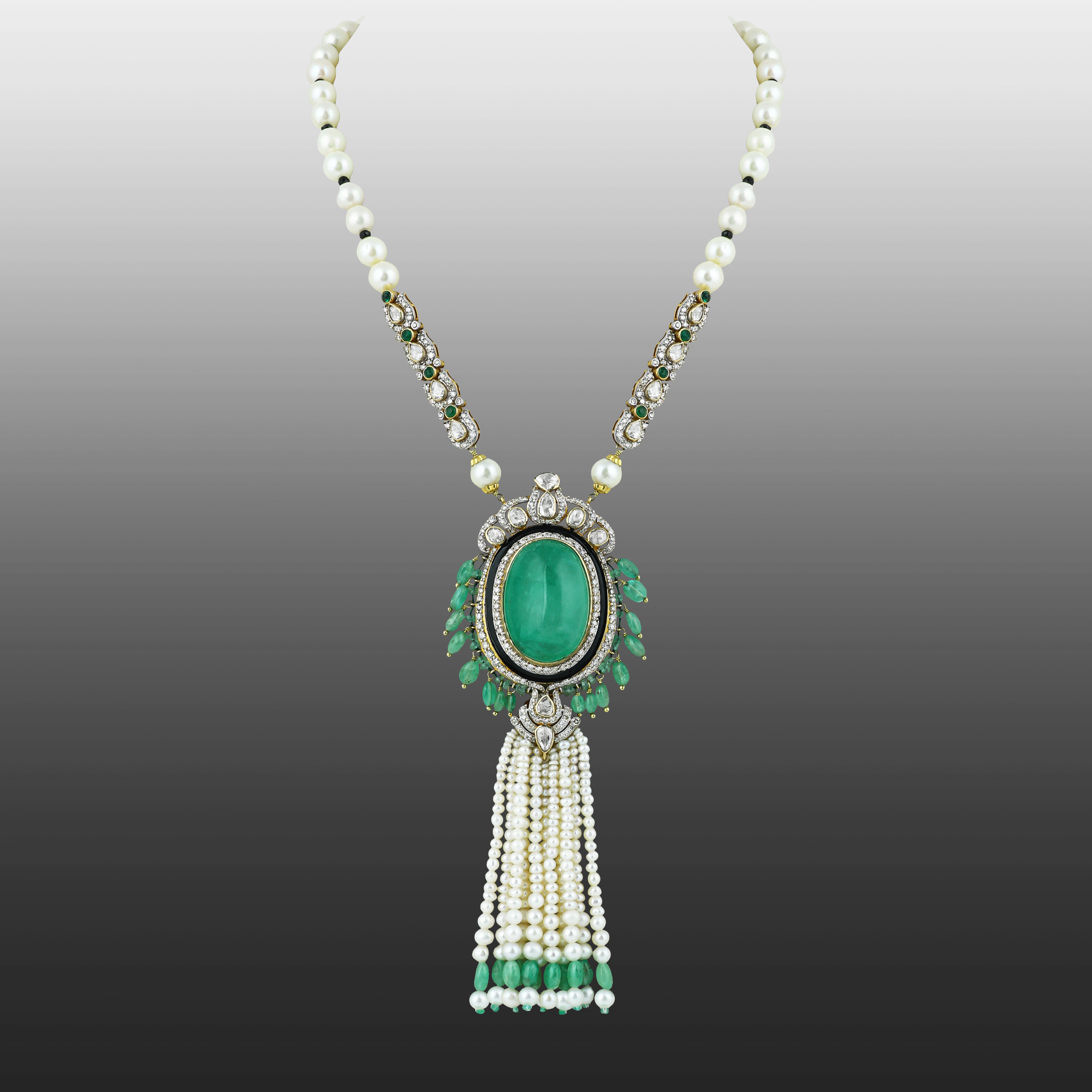 Oval Emerald Polki Pendant with Pearl & Emerald Tassels